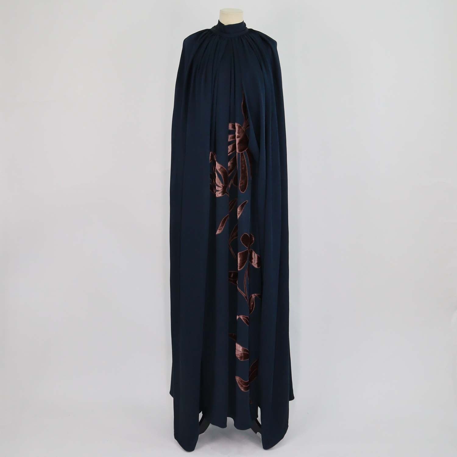 Biyan Navy Silk Blend Indara Velvet Embroidery Applique Cape Dress