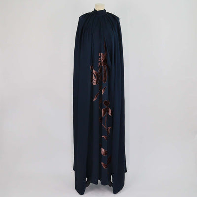 Biyan Navy Silk Blend Indara Velvet Embroidery Applique Cape Dress