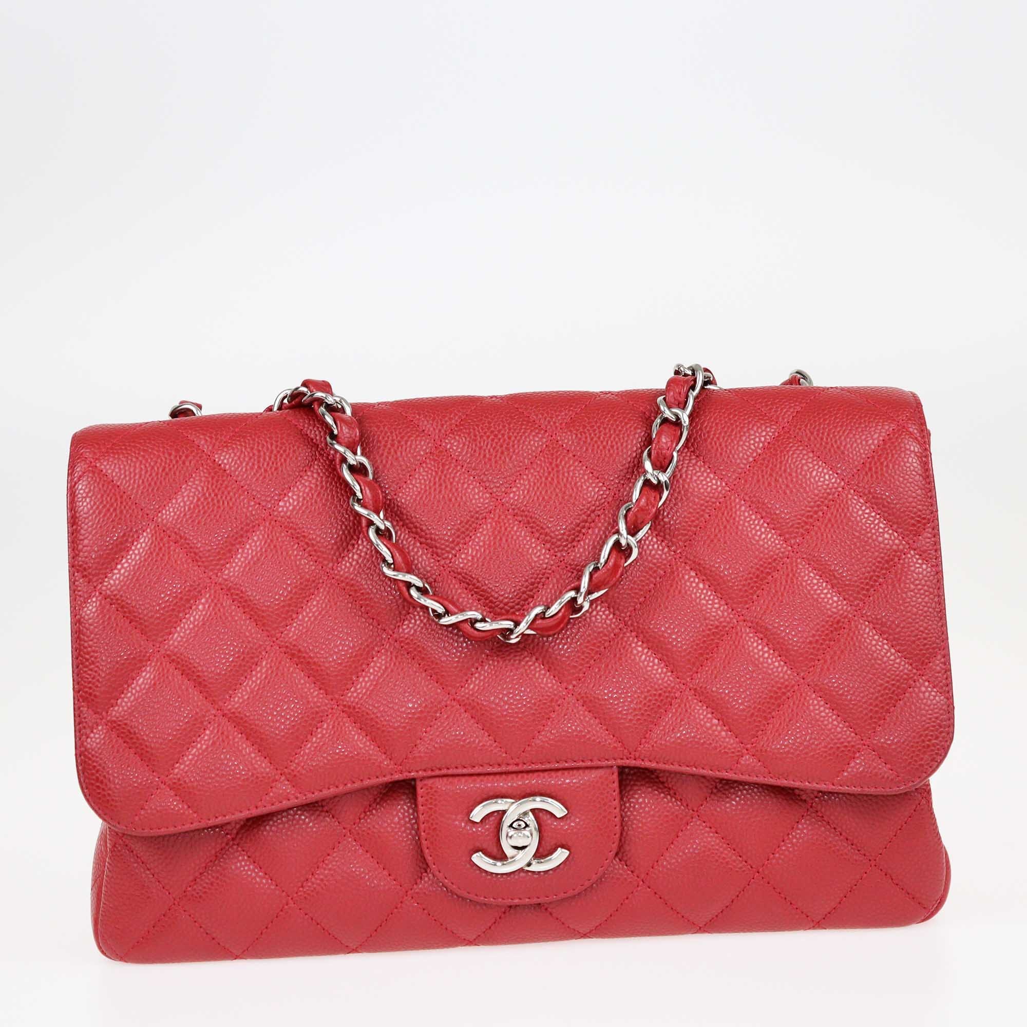 Chanel Red Caviar Jumbo Classic Single Flap Shoulder Bag Bags Chanel 