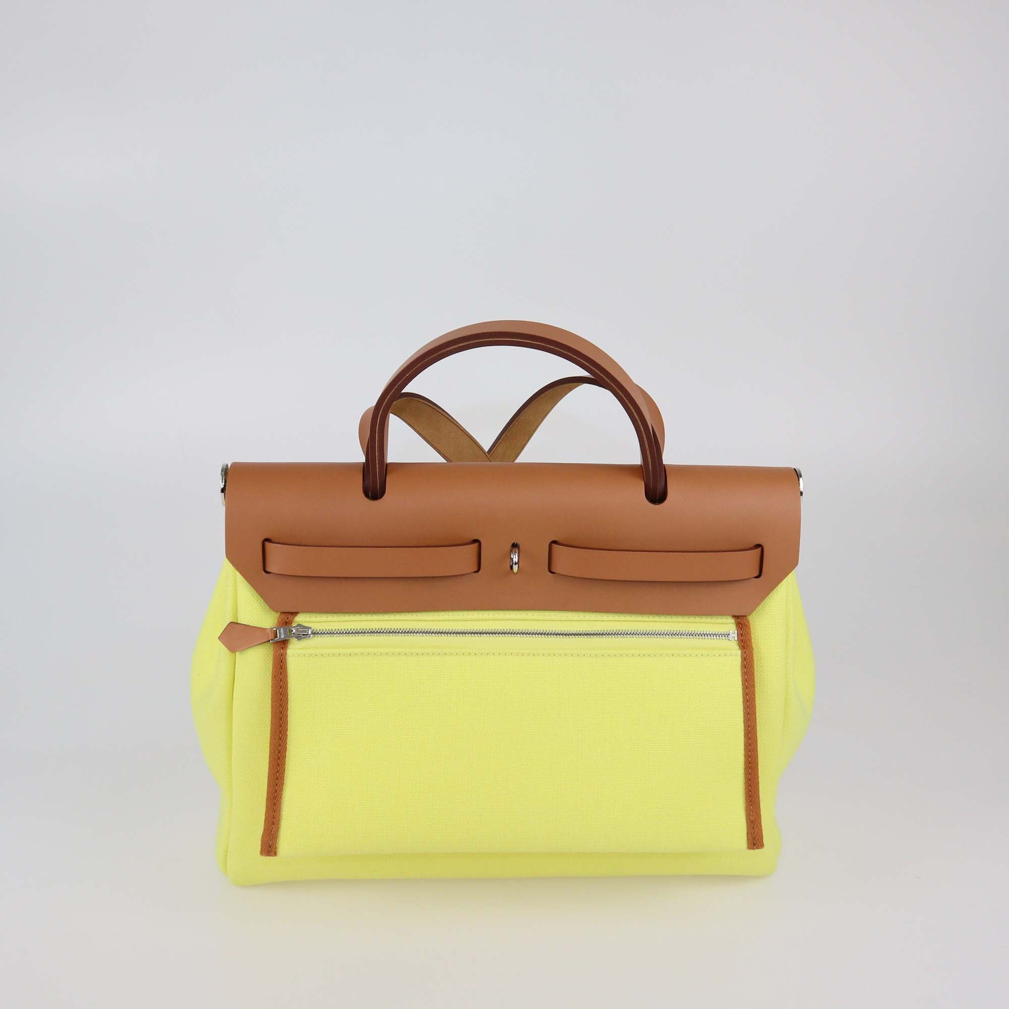 Hermes Lime/Natural Toile and Vache Hunter Herbag Zip 31 bag