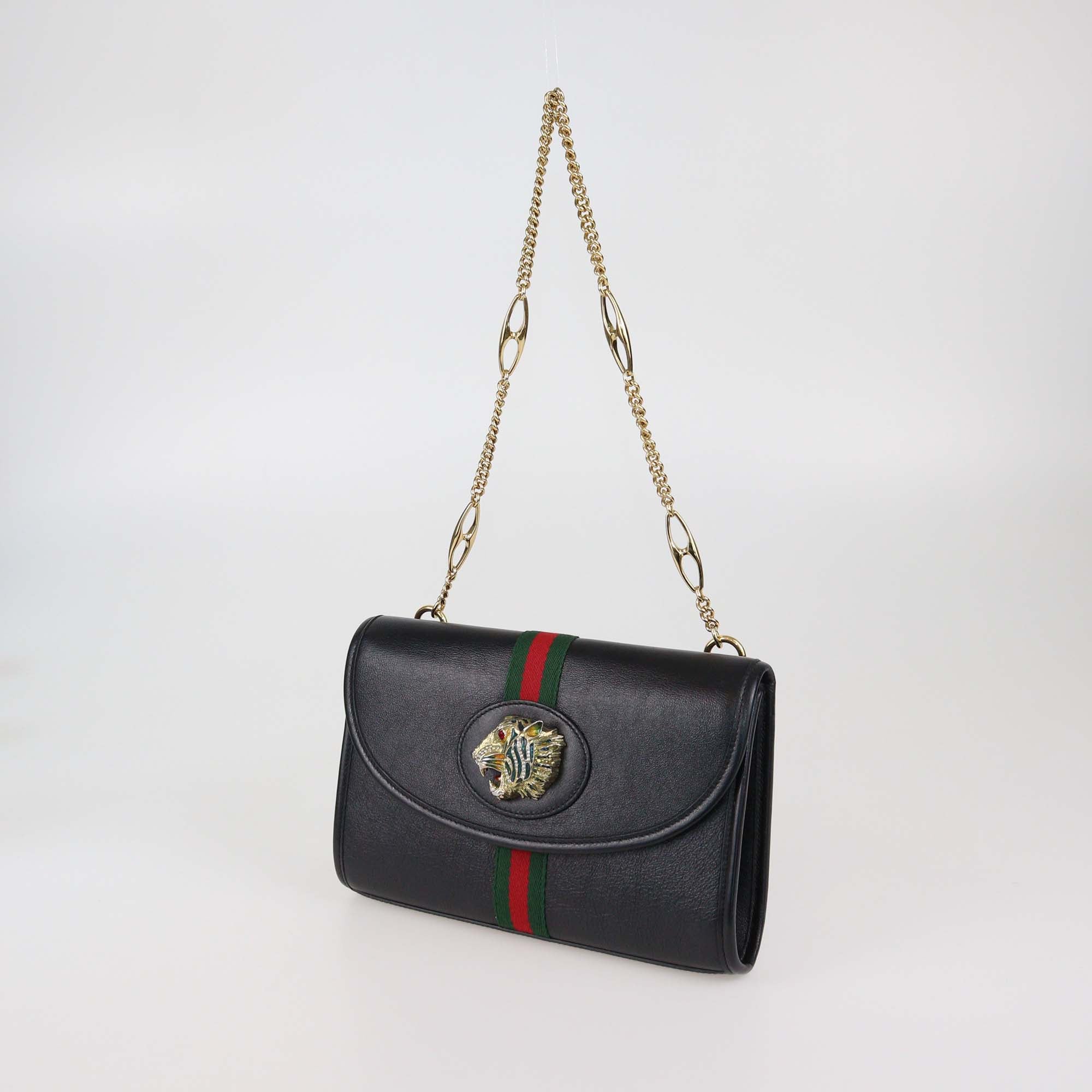 Gucci Black Leather Small Web Rajah Chain Shoulder Bag