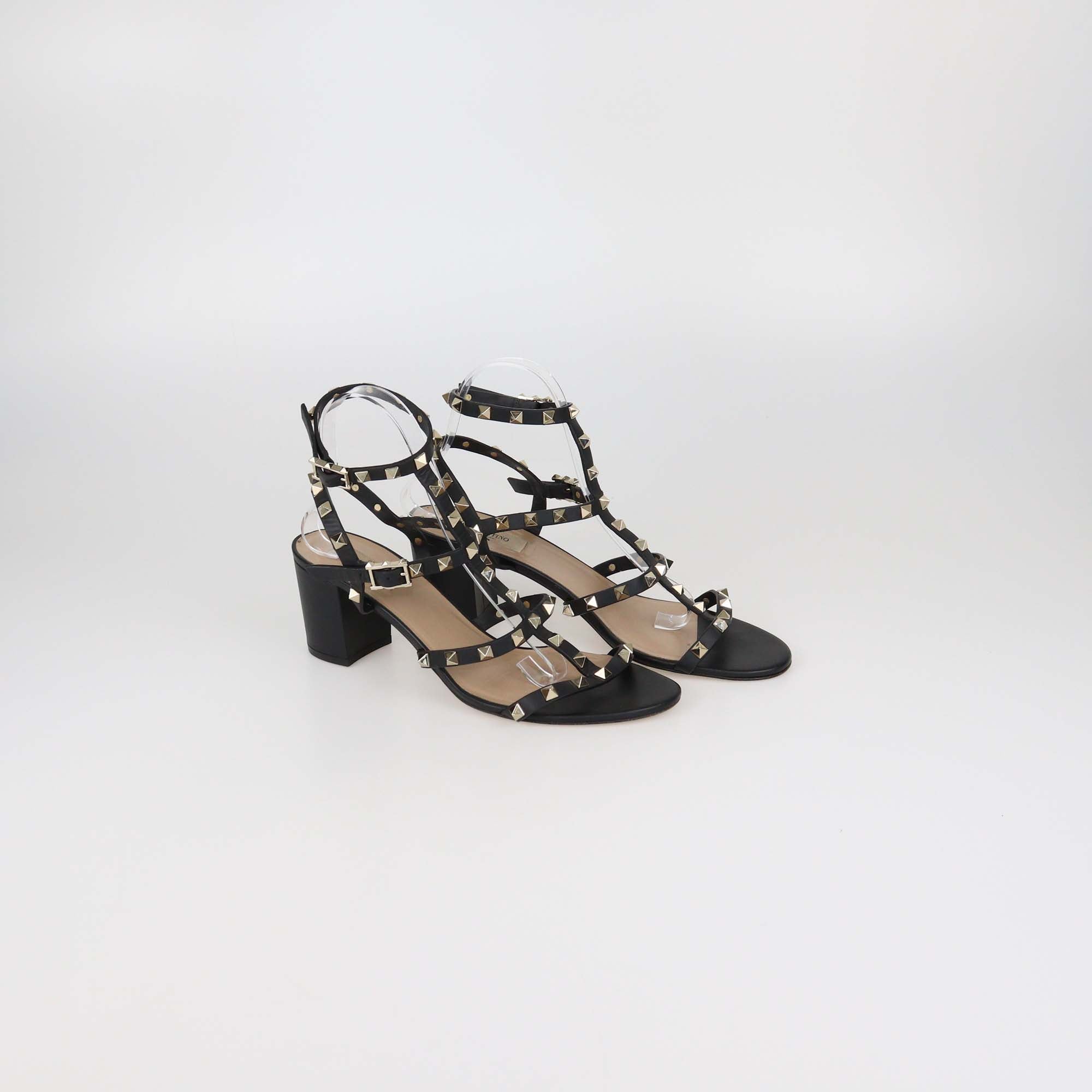 Valentino Black Leather Rockstud Ankle Strap Sandals