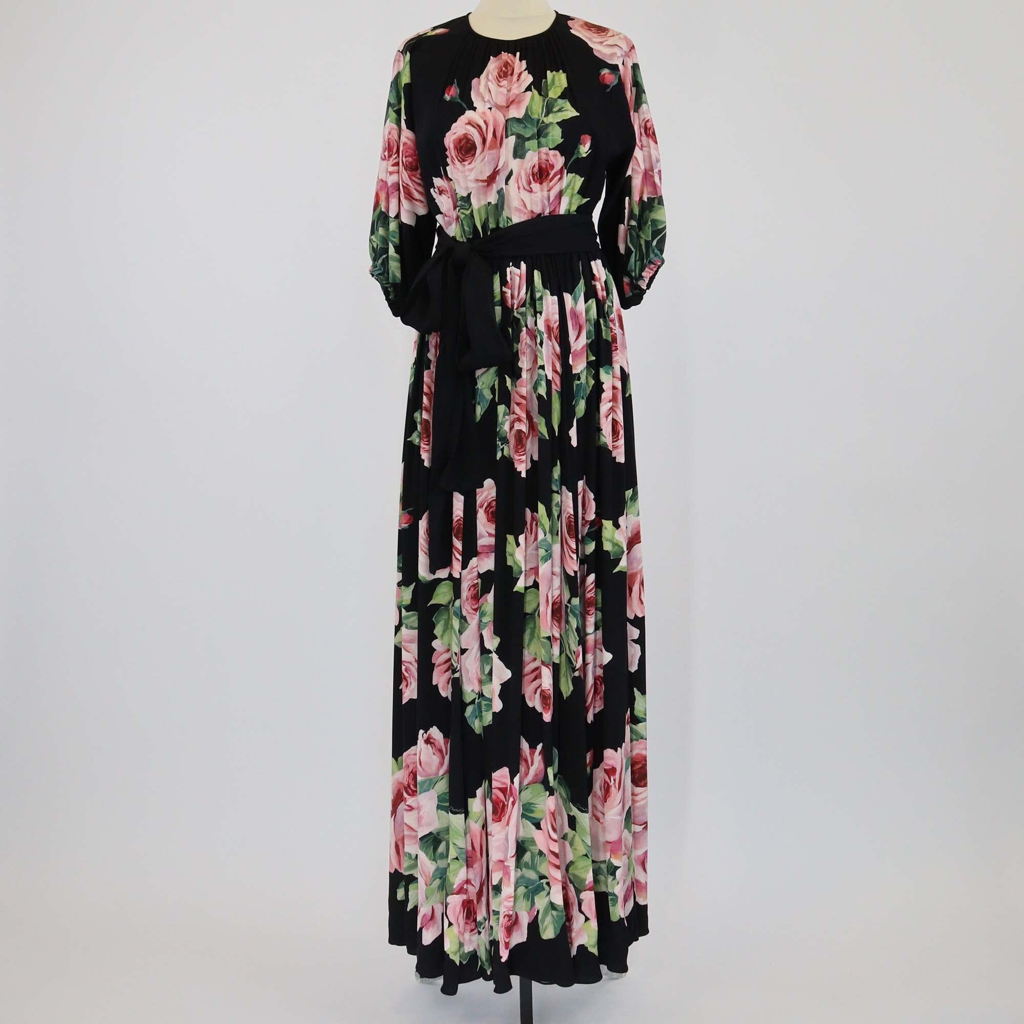 Dolce & Gabbana Black/Multicolor Floral Print Half Sleeve Belted Maxi Dress Womens Dolce & Gabbana 