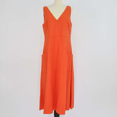 Vince Orange Linen Blend Relaxed V-Neck Pocket Midi Dress