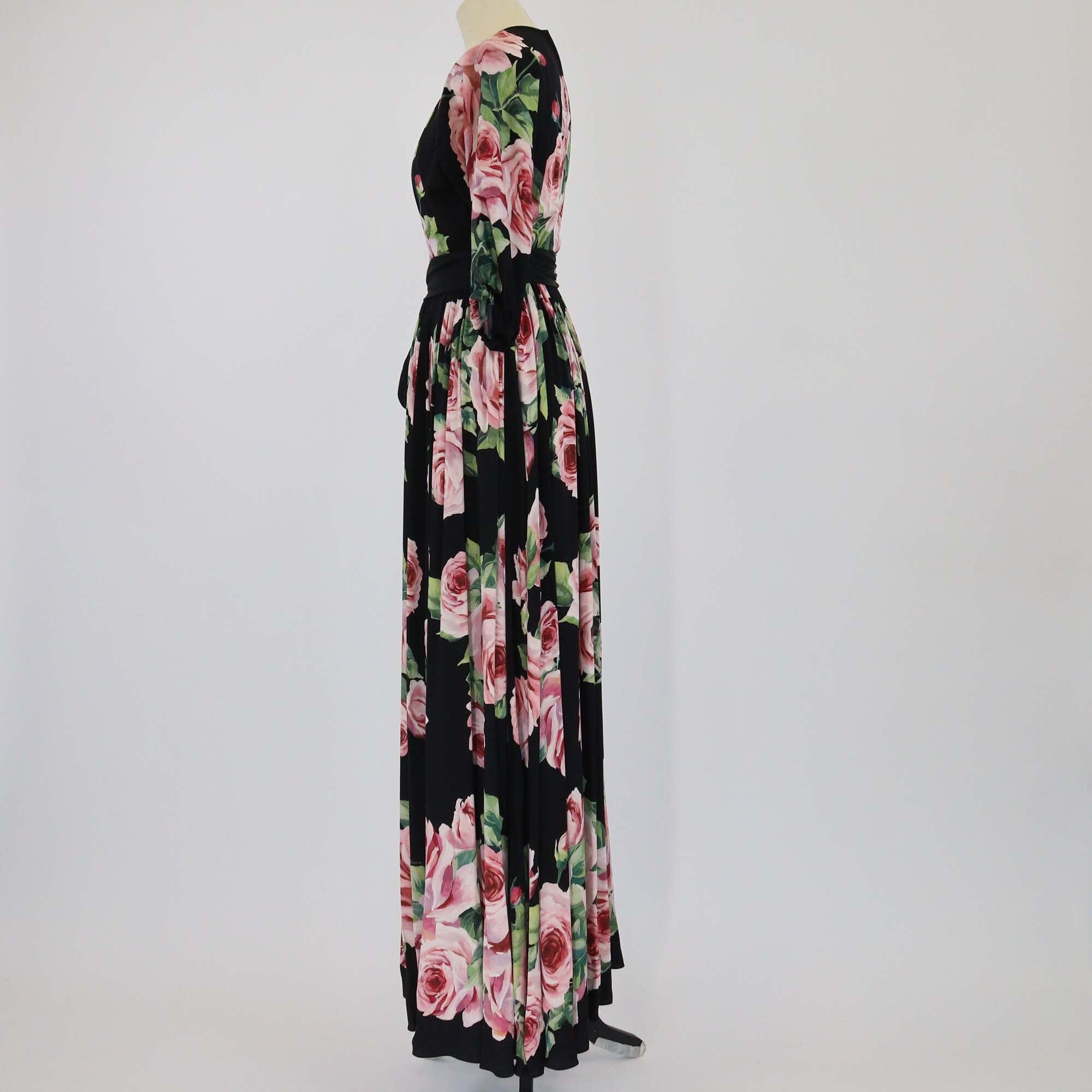 Dolce & Gabbana Black/Multicolor Floral Print Half Sleeve Belted Maxi Dress Womens Dolce & Gabbana 