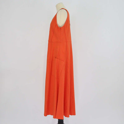 Vince Orange Linen Blend Relaxed V-Neck Pocket Midi Dress