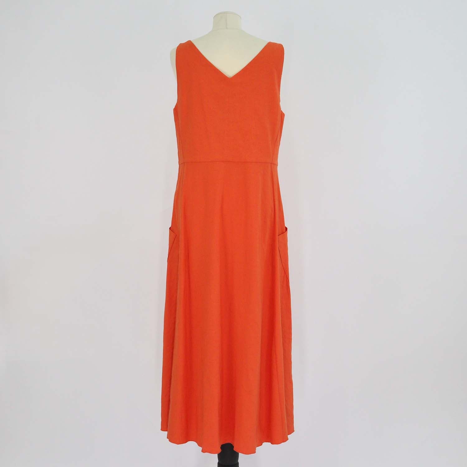 Vince Orange Linen Blend Relaxed V-Neck Pocket Midi Dress