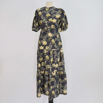 SIR. Grey/Yellow Silk Printed Carmen Midi Dress