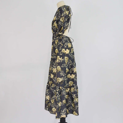SIR. Grey/Yellow Silk Printed Carmen Midi Dress