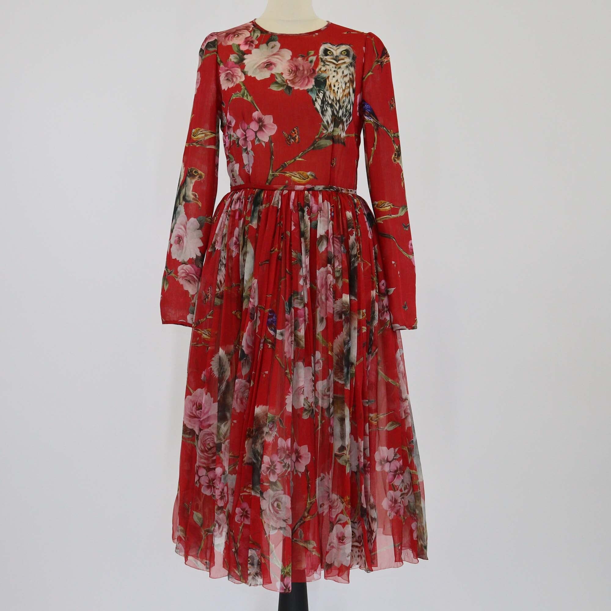 Dolce & Gabbana Red/Multicolor Mix Print Long Sleeve Pleated Dress Womens Dolce & Gabbana 