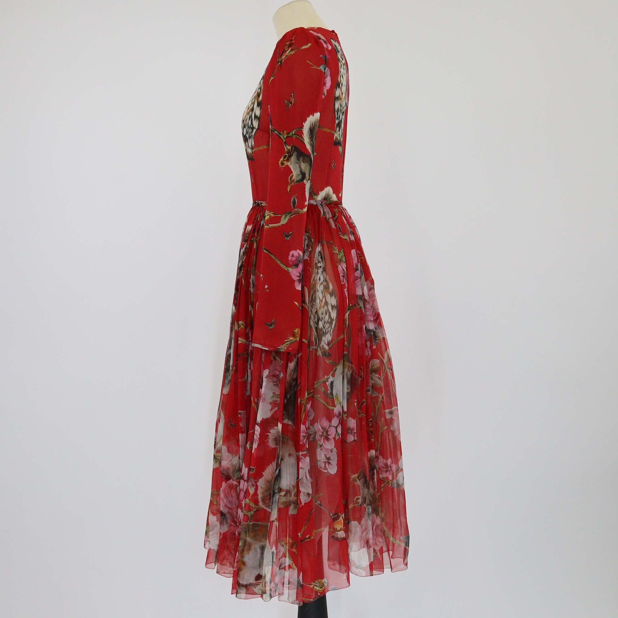 Dolce & Gabbana Red/Multicolor Mix Print Long Sleeve Pleated Dress Womens Dolce & Gabbana 
