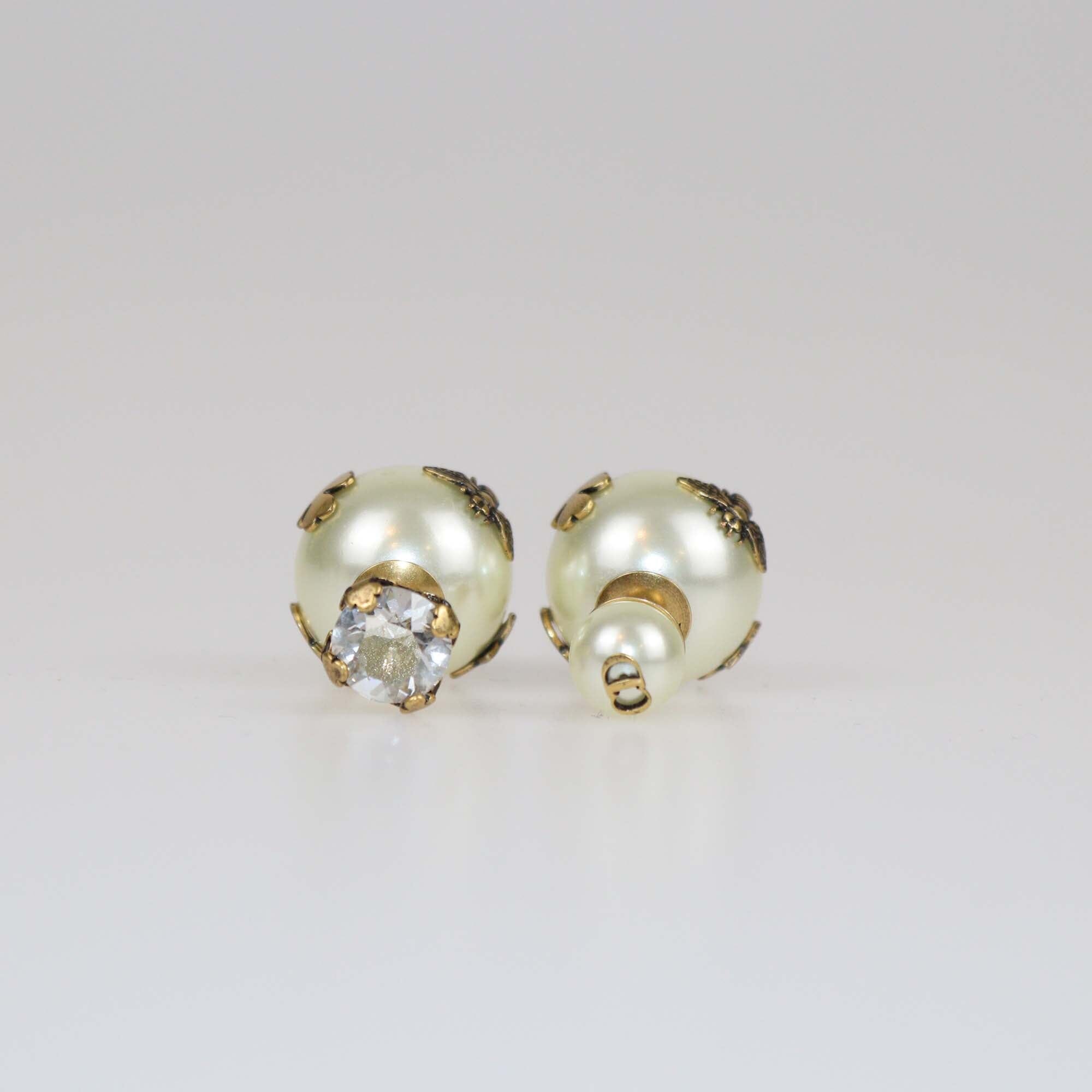 Christian Dior Tribales Aged Gold Tone Crystal Faux Pearl Asymmetric Earrings Womens Christian Dior 
