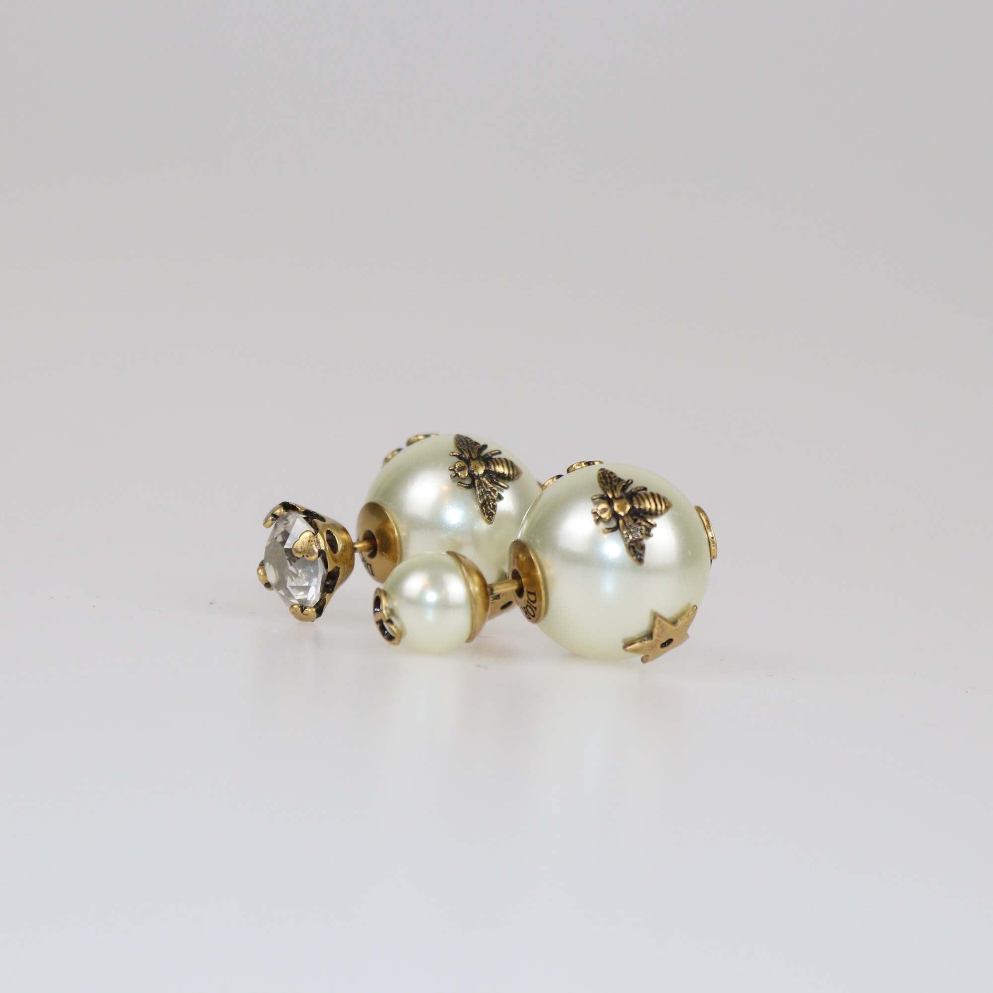 Christian Dior Tribales Aged Gold Tone Crystal Faux Pearl Asymmetric Earrings Womens Christian Dior 