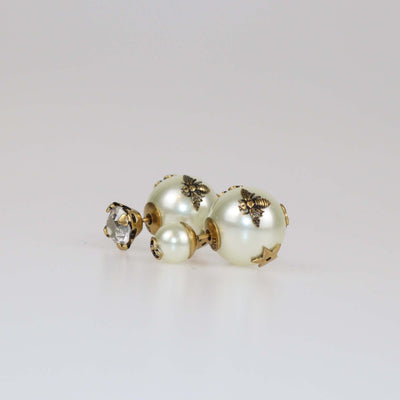 Christian Dior Tribales Aged Gold Tone Crystal Faux Pearl Asymmetric Earrings Womens Christian Dior 