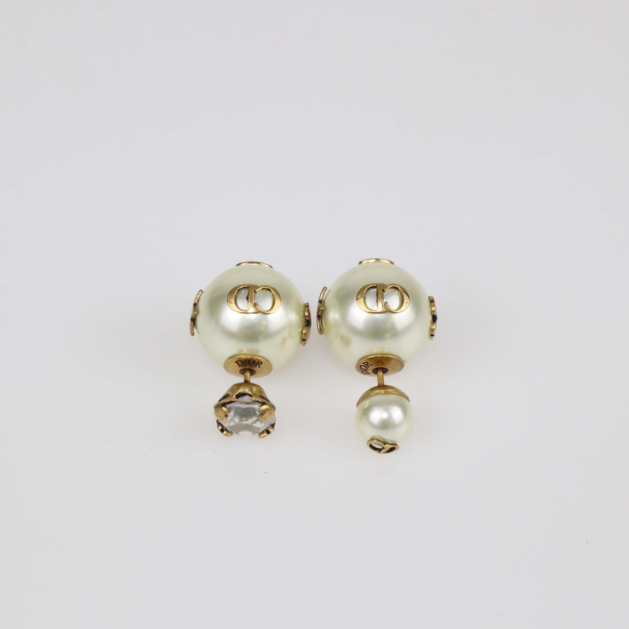 Christian Dior Tribales Aged Gold Tone Crystal Faux Pearl Asymmetric Earrings Womens Christian Dior 