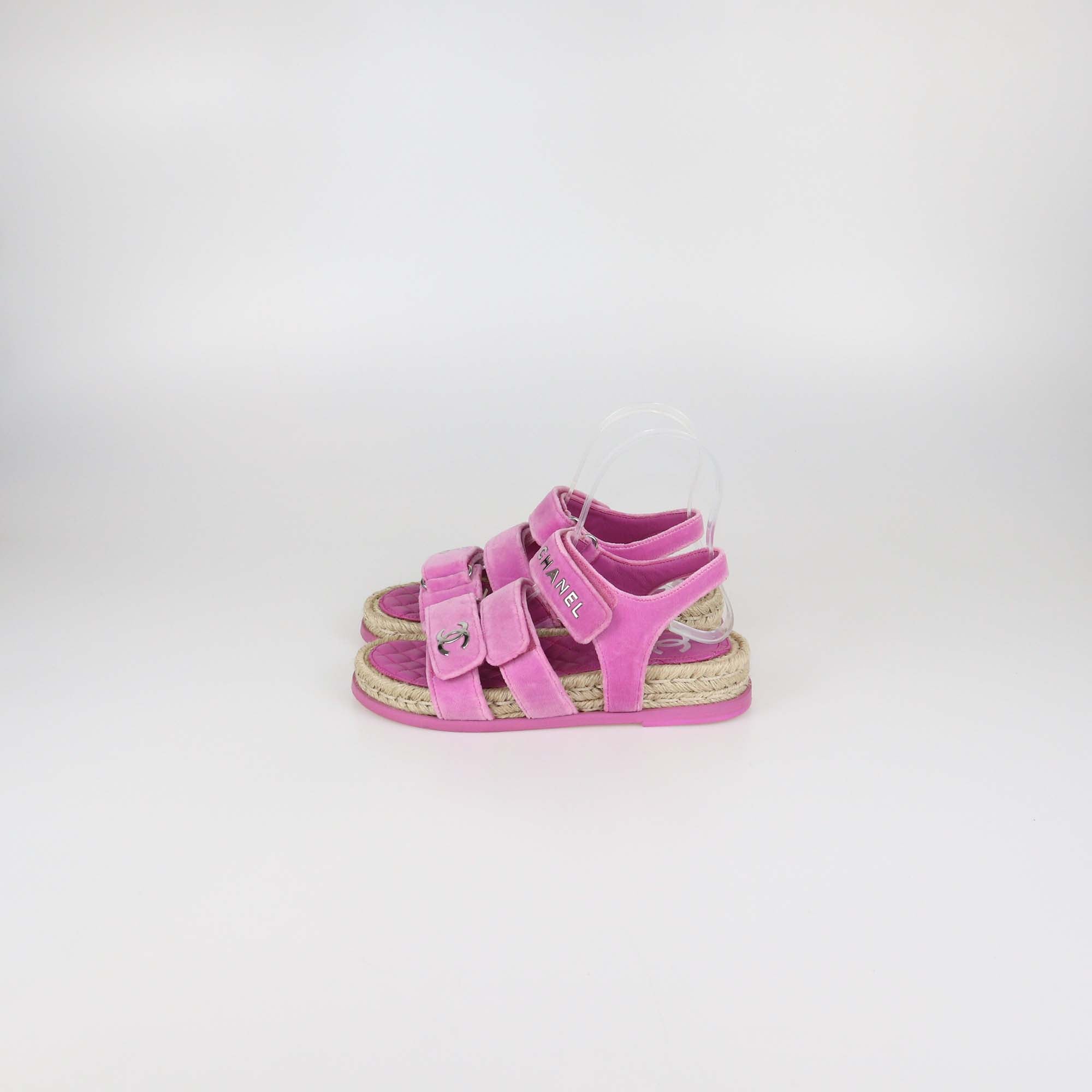 Chanel Pink Velvet CC Espadrilles Sandals