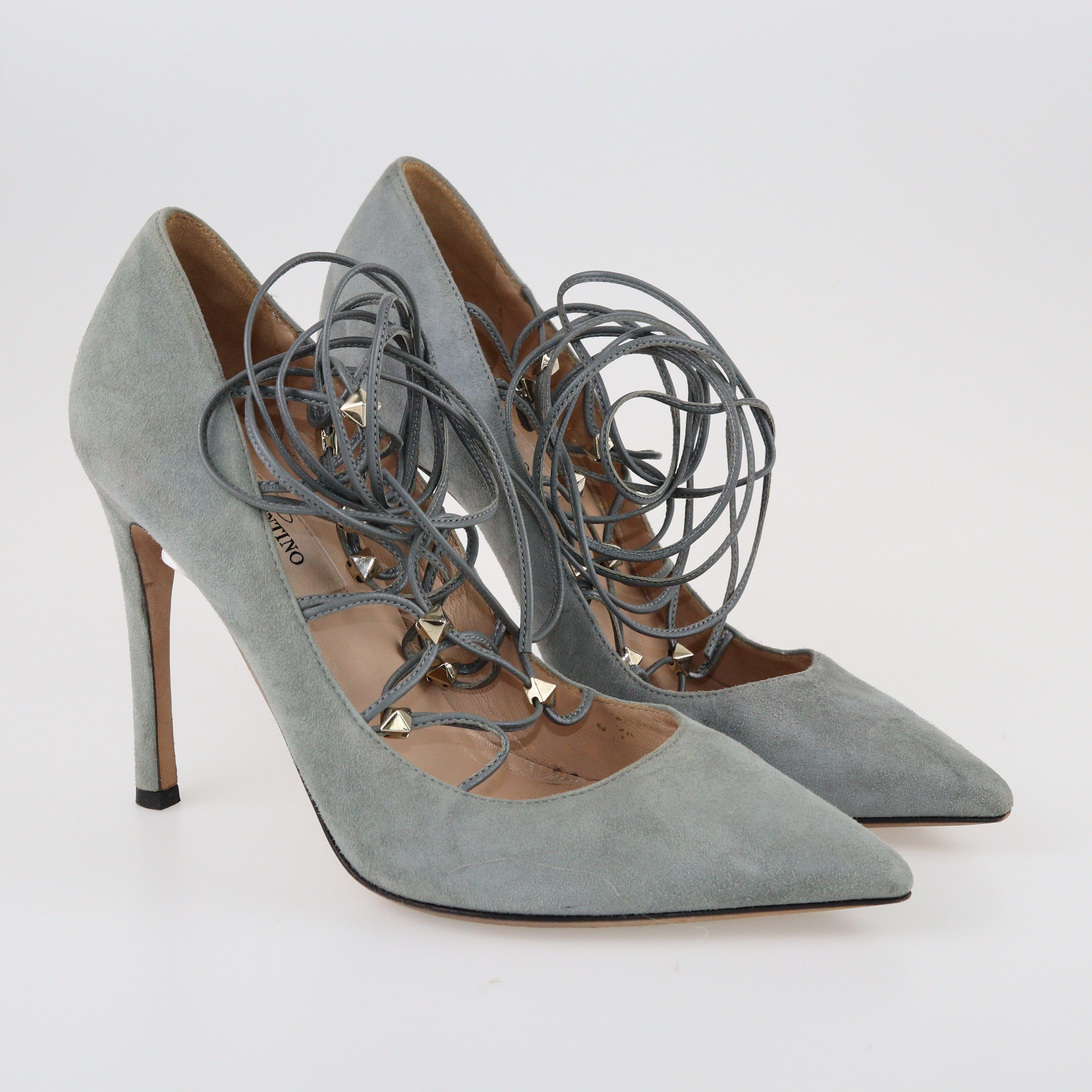 Grey Rockstud Ankle Wrap Pointed Toe Pumps Shoes Valentino 