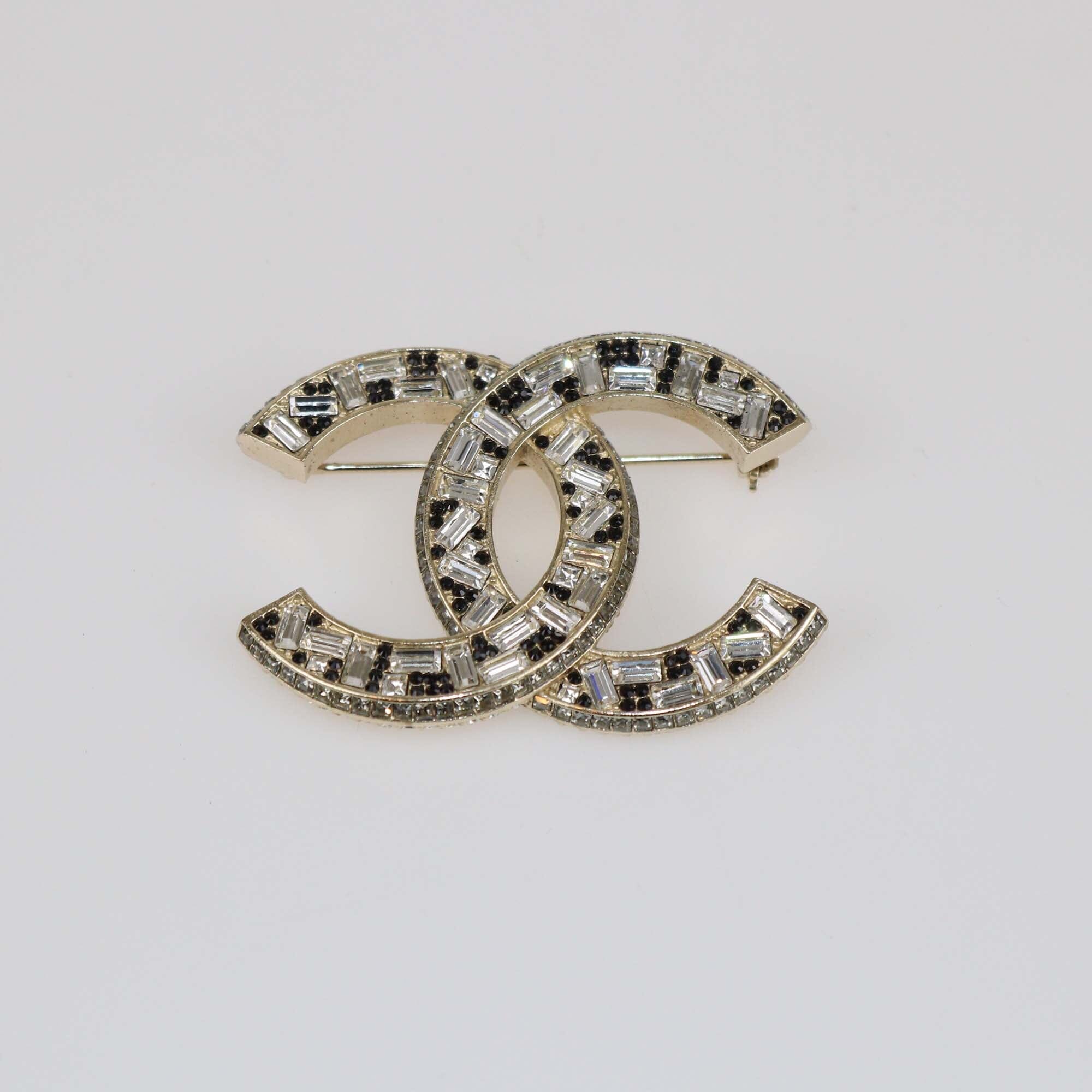 Chanel Baguette Gold Tone Black/White Crystal CC Brooch Womens Chanel 
