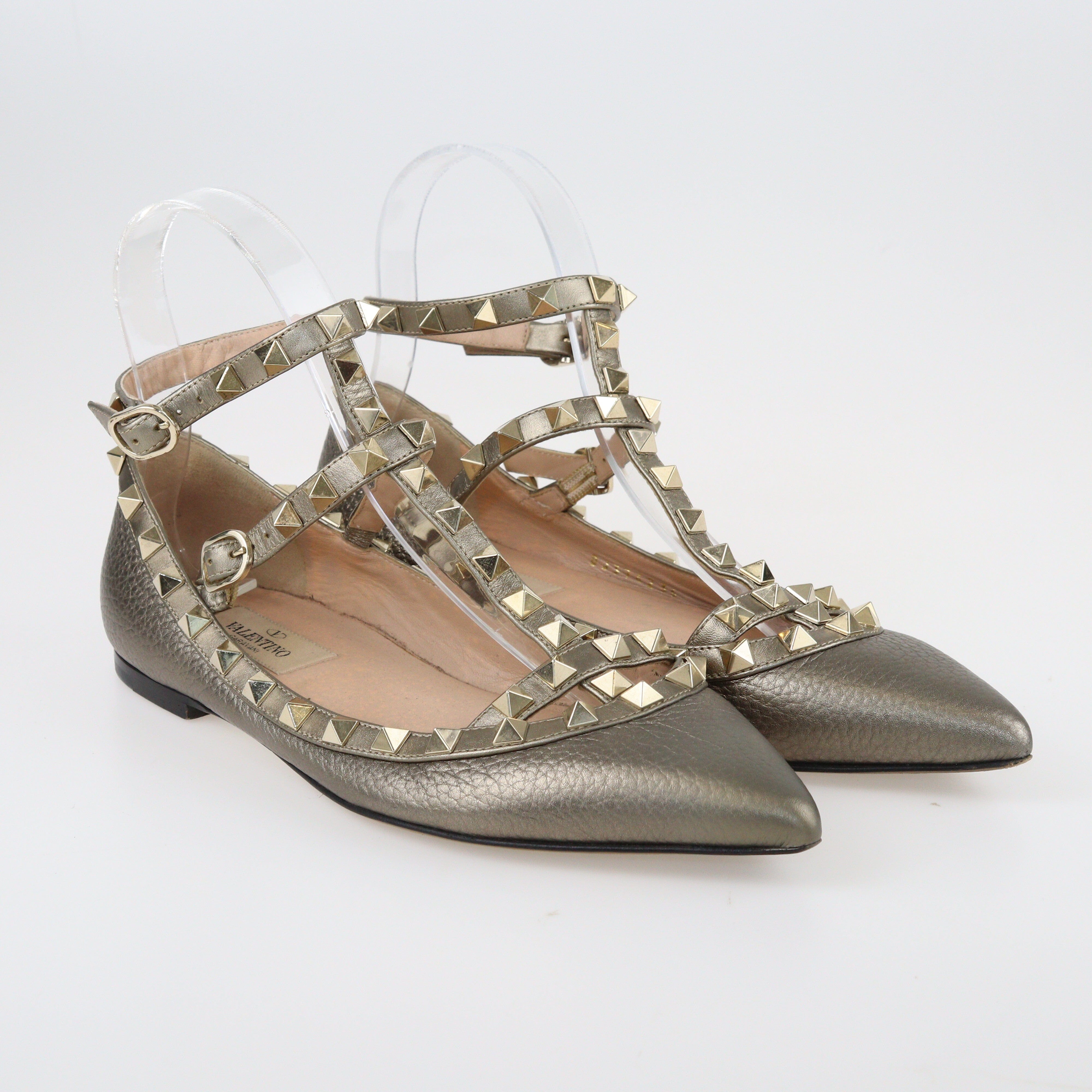 Green Studded Ankle Strap Pointed Toe Ballet Flats Shoes Valentino 