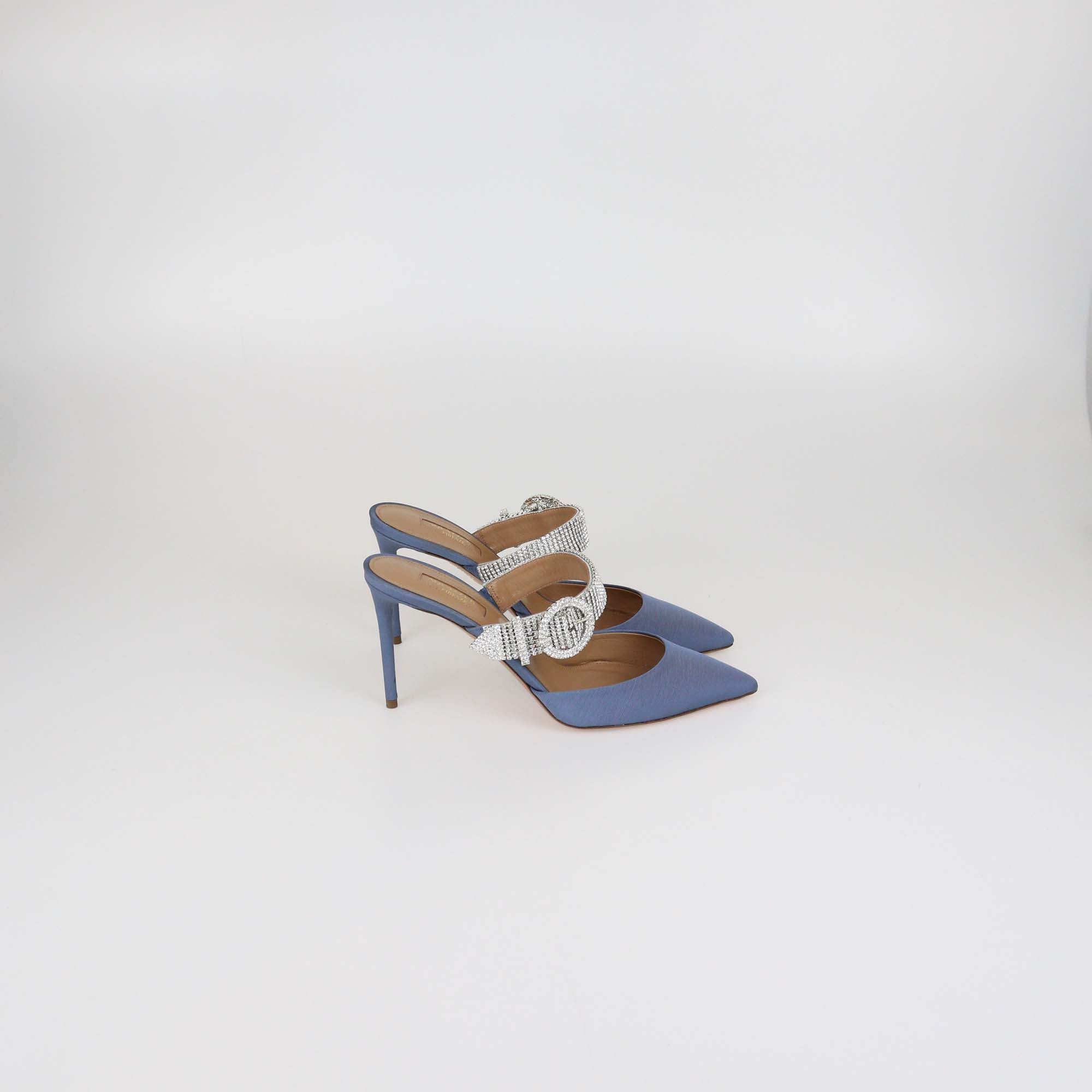 Aquazzura Blue Jeans Fabric Chain Reaction Crystal Embellished 85 Mules