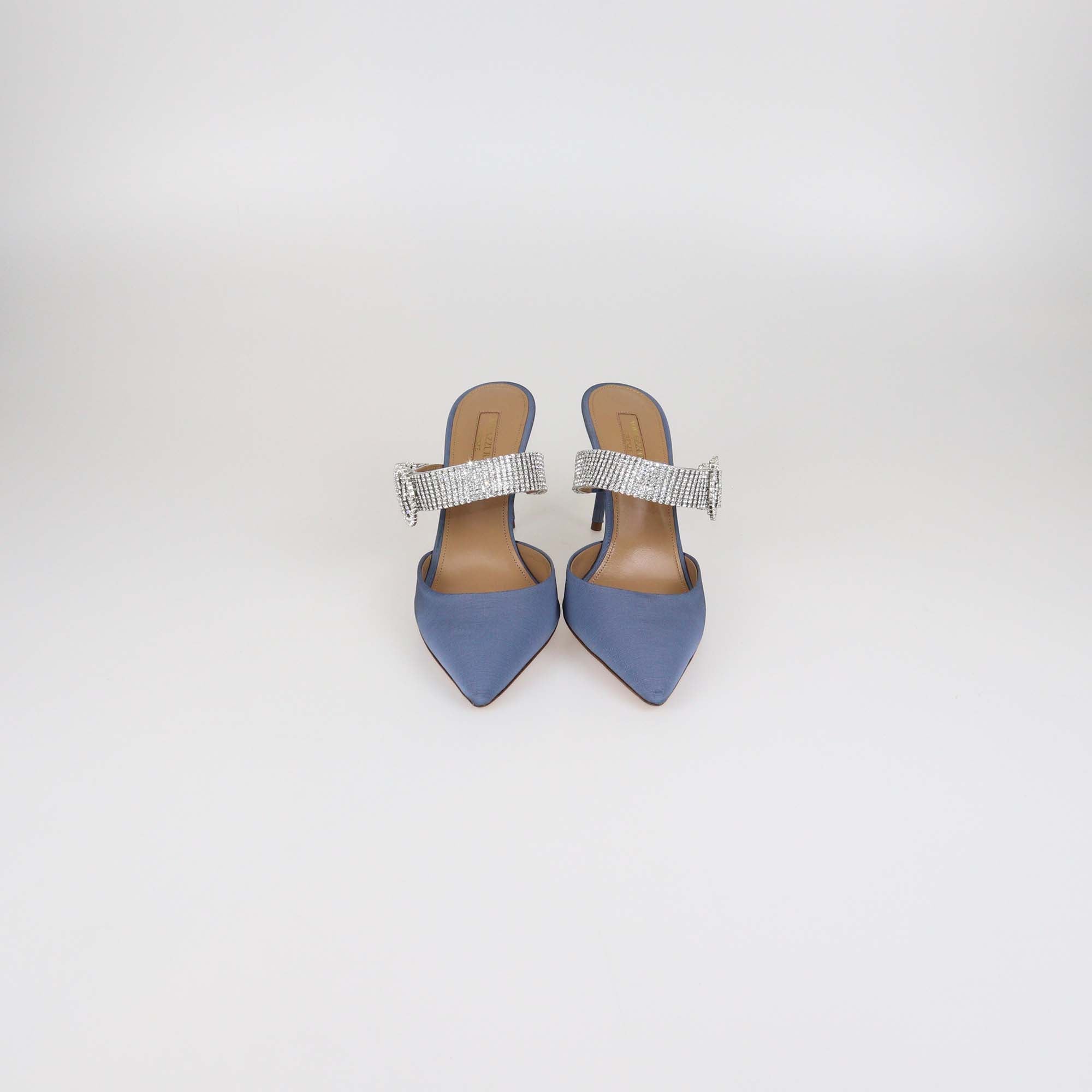 Aquazzura Blue Jeans Fabric Chain Reaction Crystal Embellished 85 Mules