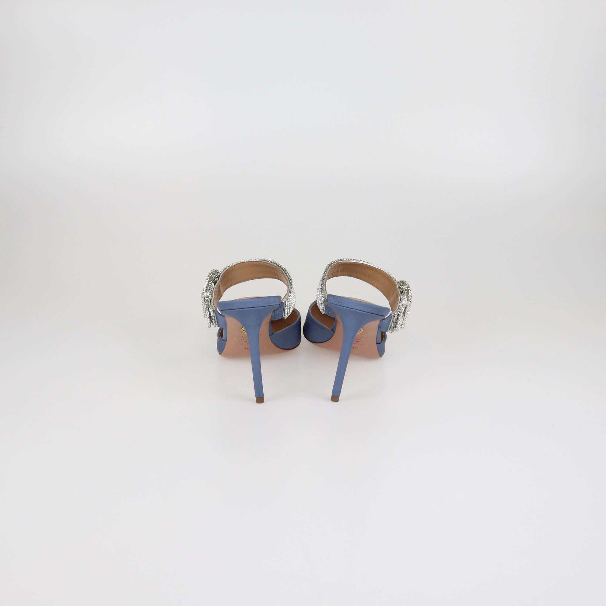 Aquazzura Blue Jeans Fabric Chain Reaction Crystal Embellished 85 Mules