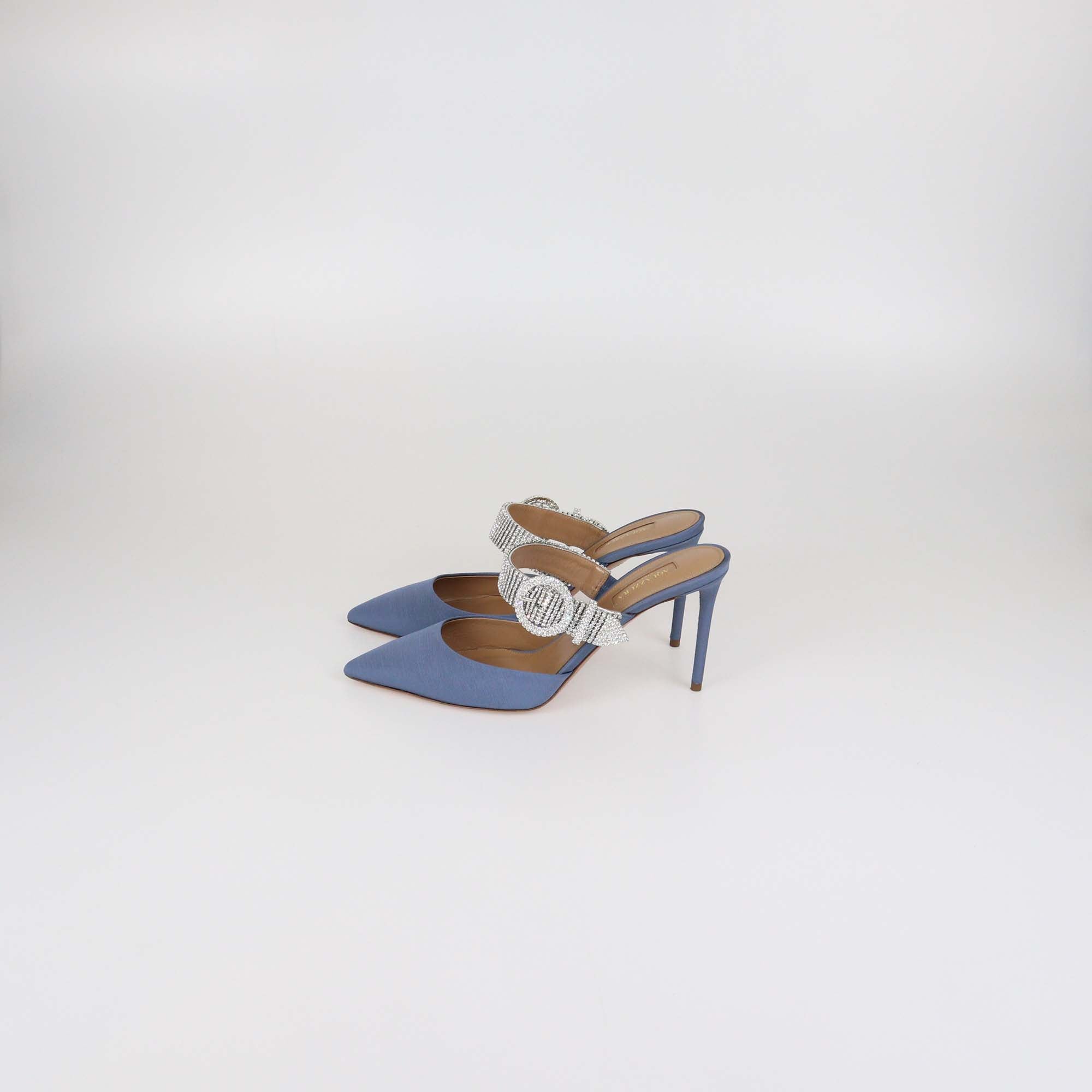 Aquazzura Blue Jeans Fabric Chain Reaction Crystal Embellished 85 Mules