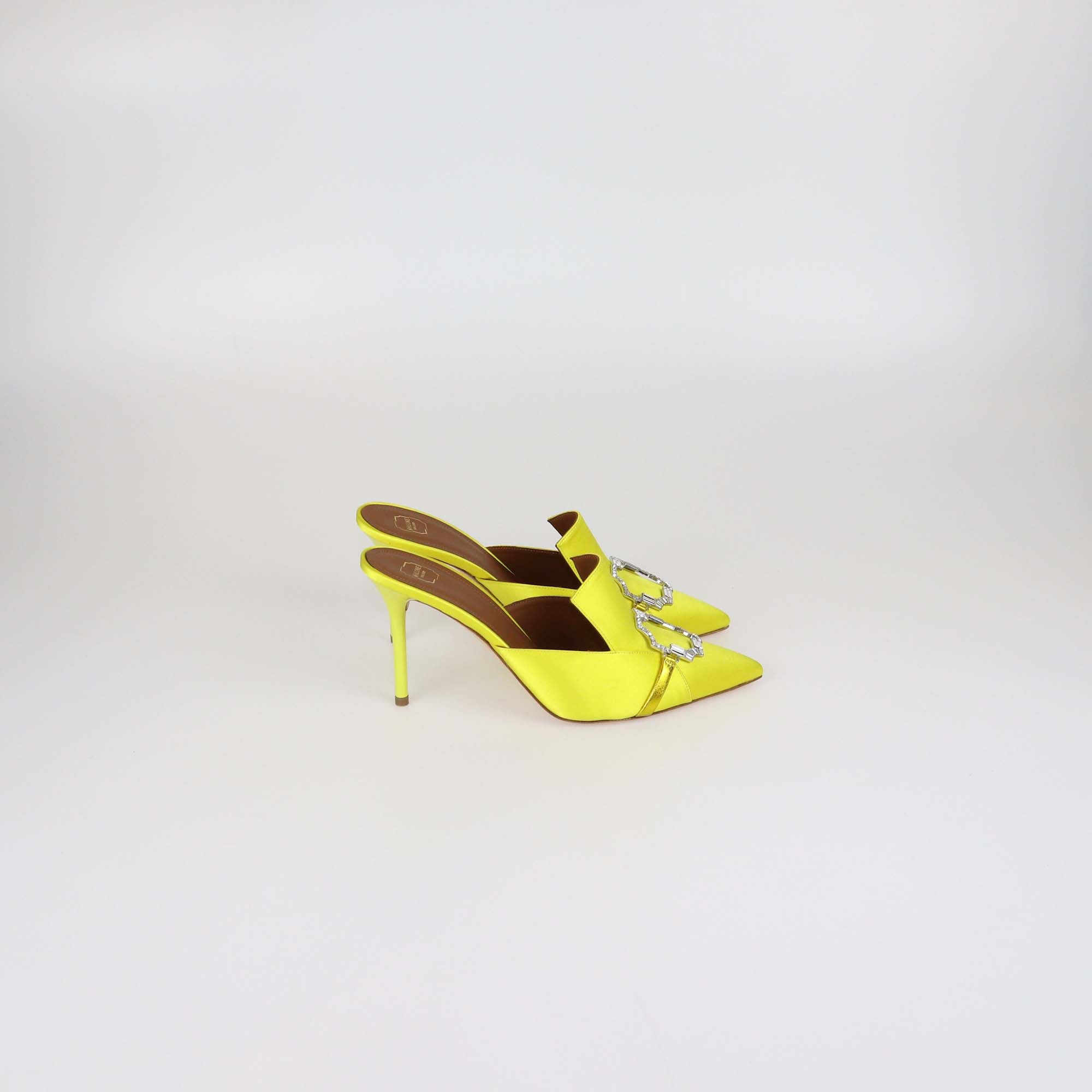 Malone Souliers Yellow Satin Anais 85 Brooch Mules