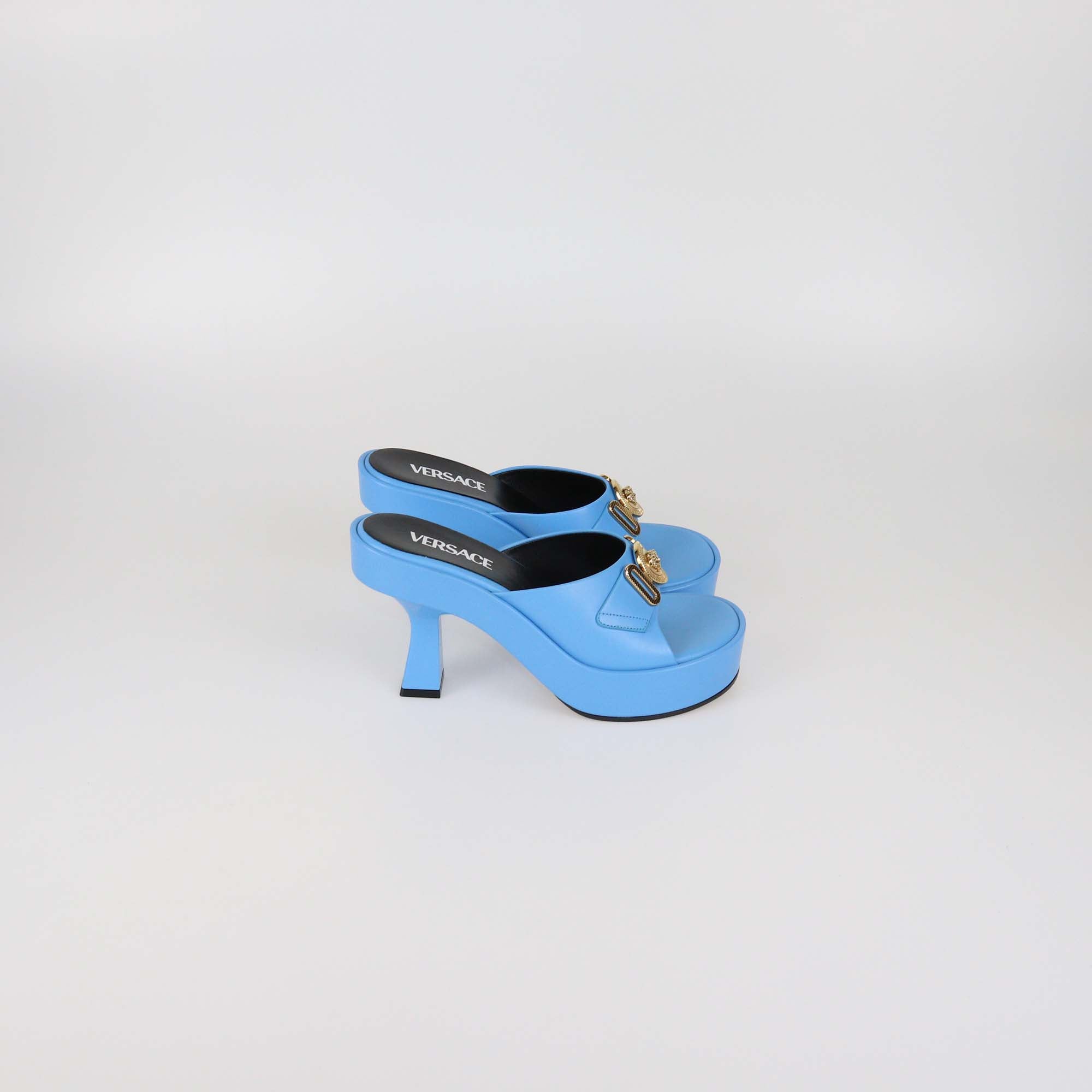 Versace Light Blue Leather Biggie Platform Mules