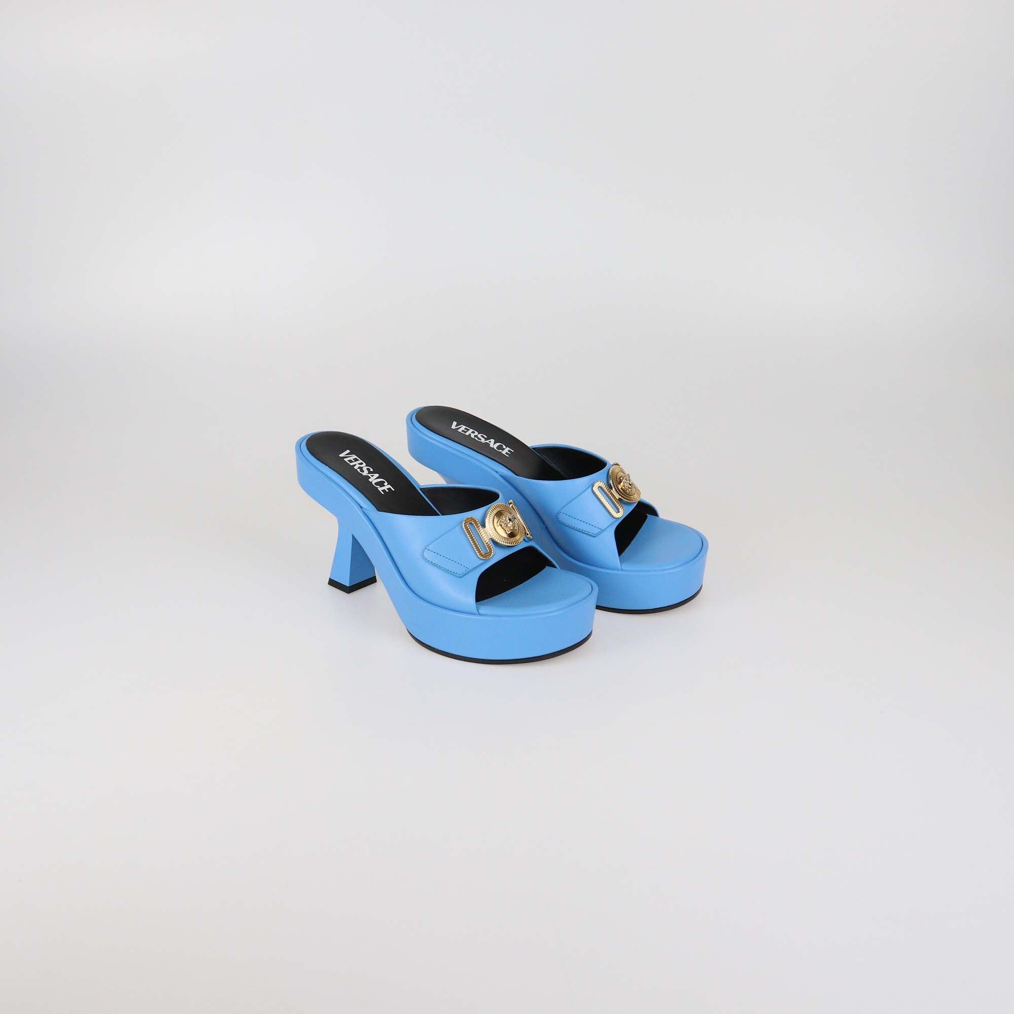 Versace Light Blue Leather Biggie Platform Mules