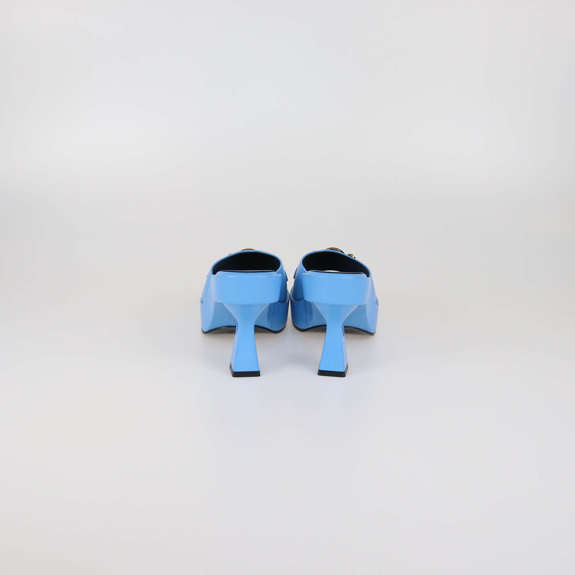 Versace Light Blue Leather Biggie Platform Mules