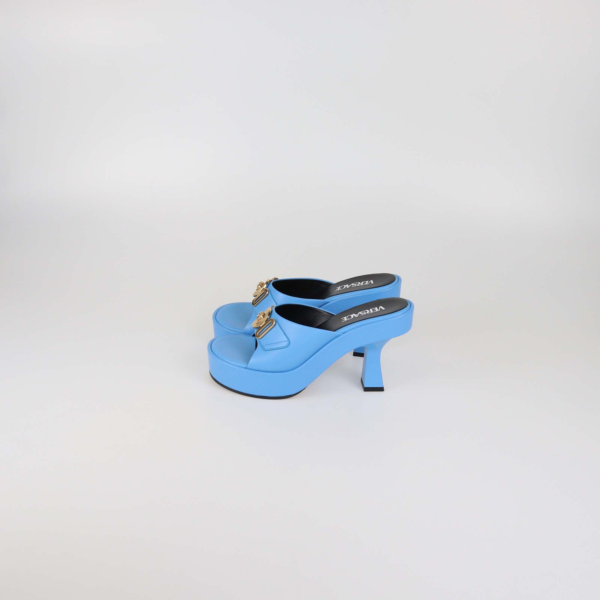 Versace Light Blue Leather Biggie Platform Mules
