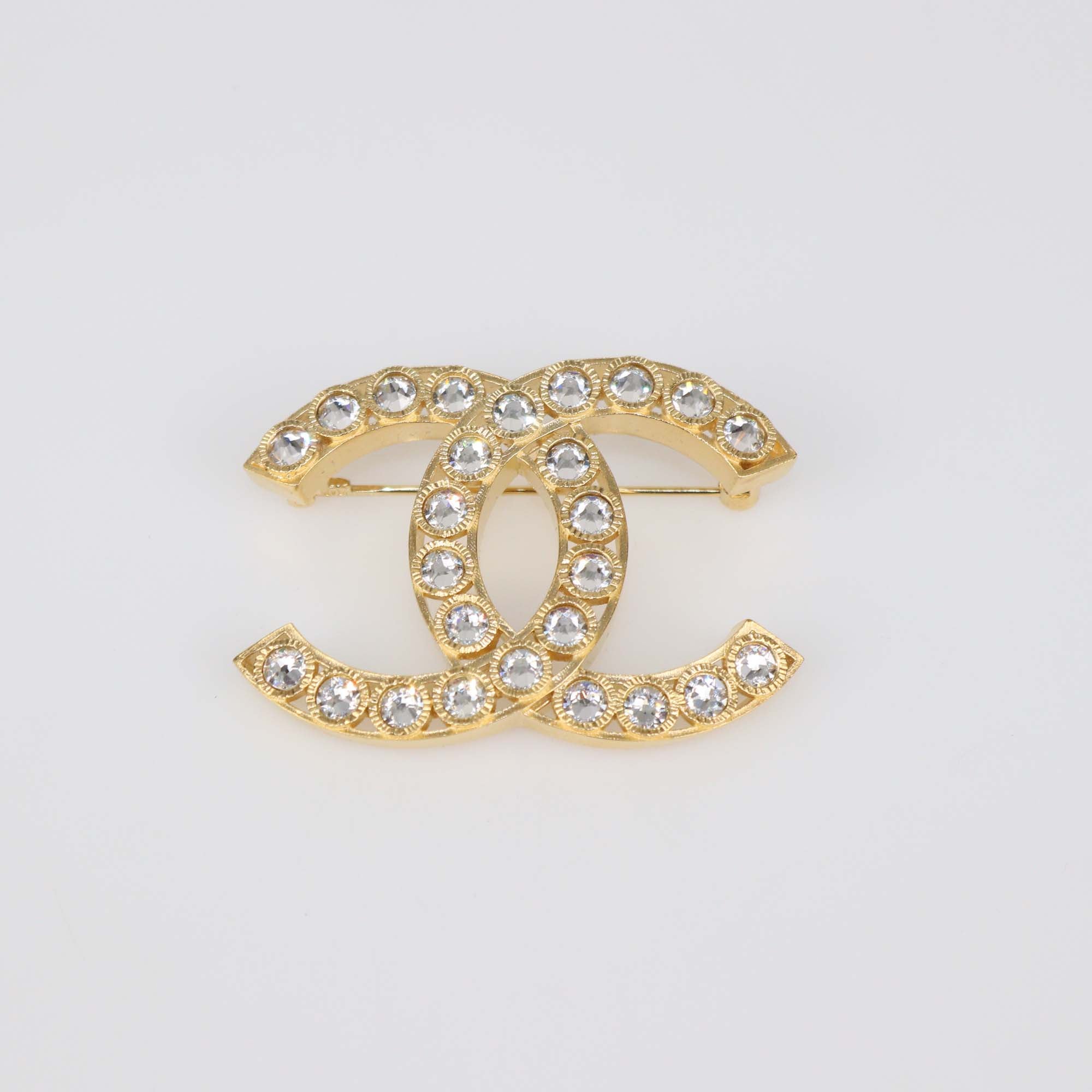Chanel Gold Tone Metal CC Crystal Strass Pin Brooch