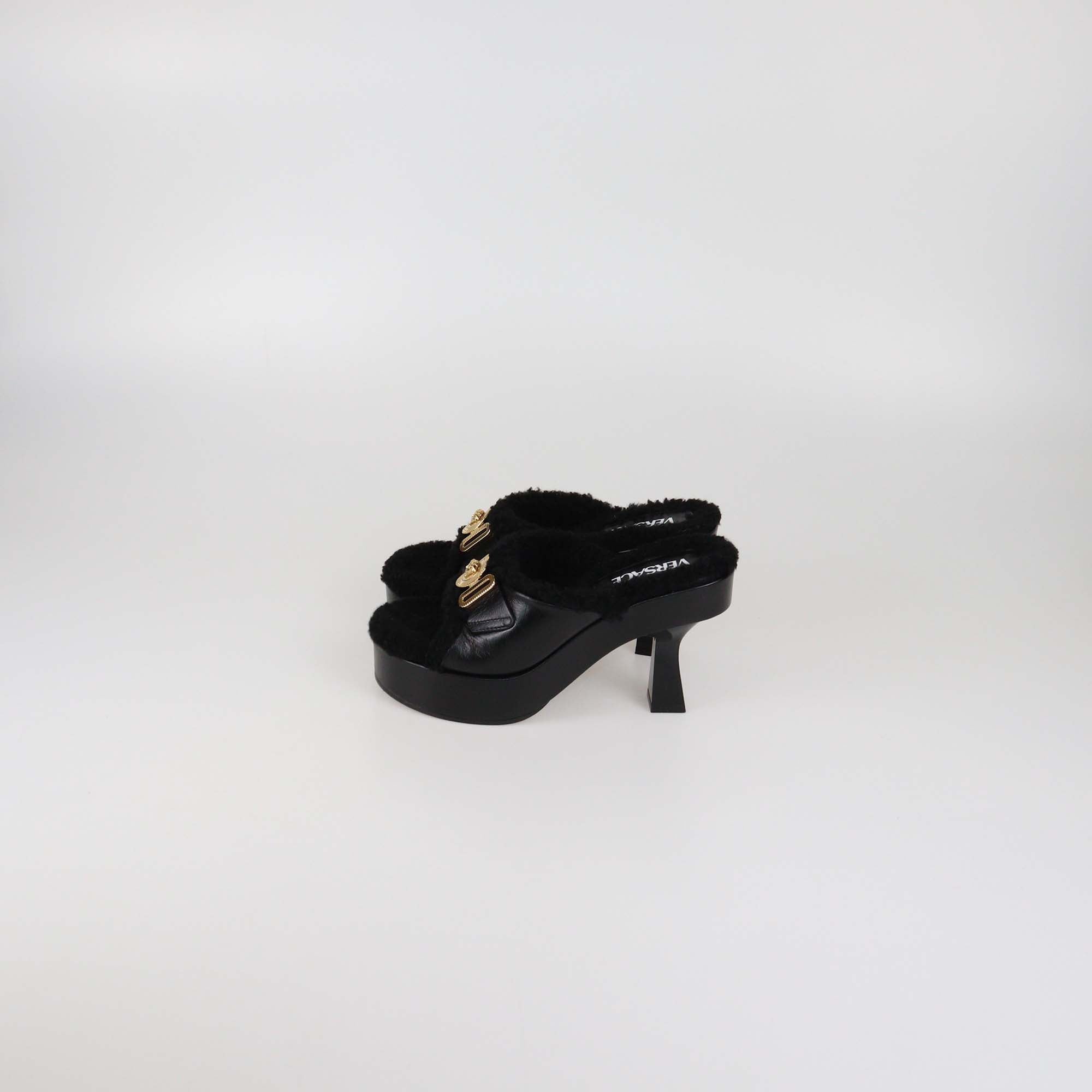 Versace Black Shearling Biggie Platform Mules