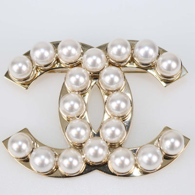 Chanel Gold Tone Metal CC Faux Pearl Pin Brooch
