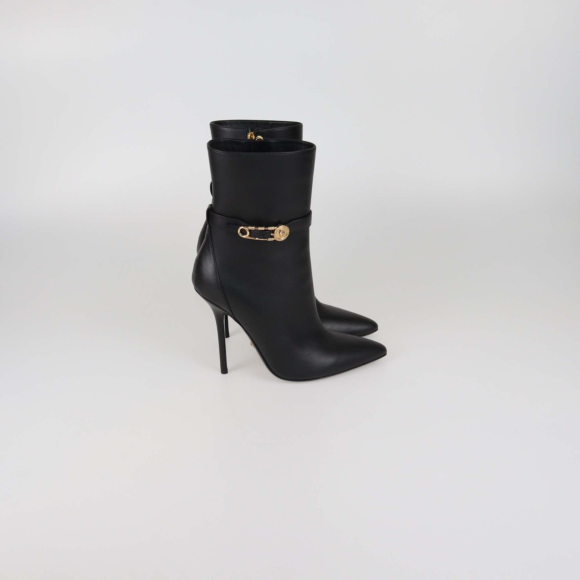 Versace Black Leather Safety Pin Pointed Toe Heeled Ankle Boots