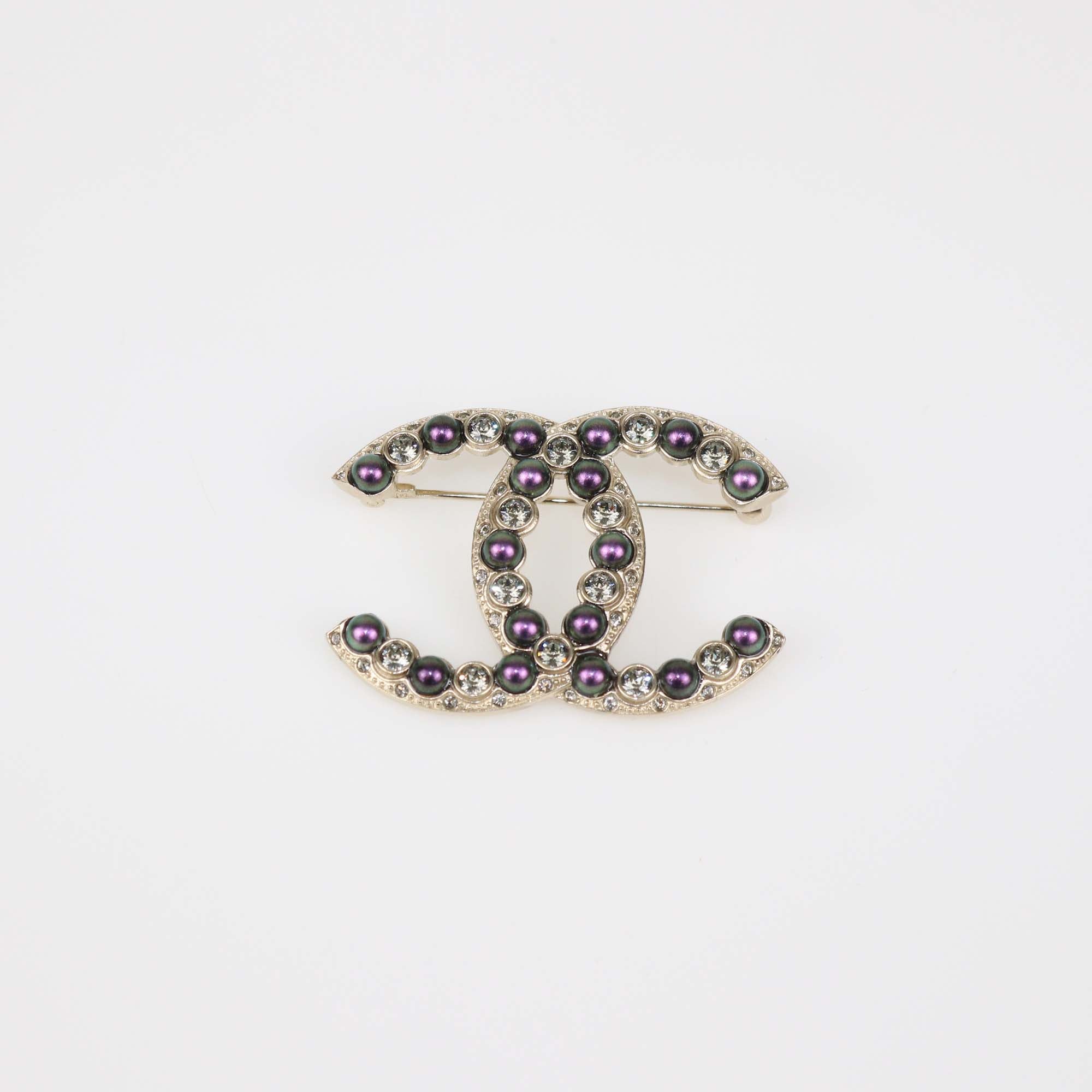 Chanel Pale Gold Tone Metal CC Faux Pearl & Crystal Pin Brooch