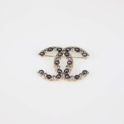 Chanel Pale Gold Tone Metal CC Faux Pearl & Crystal Pin Brooch