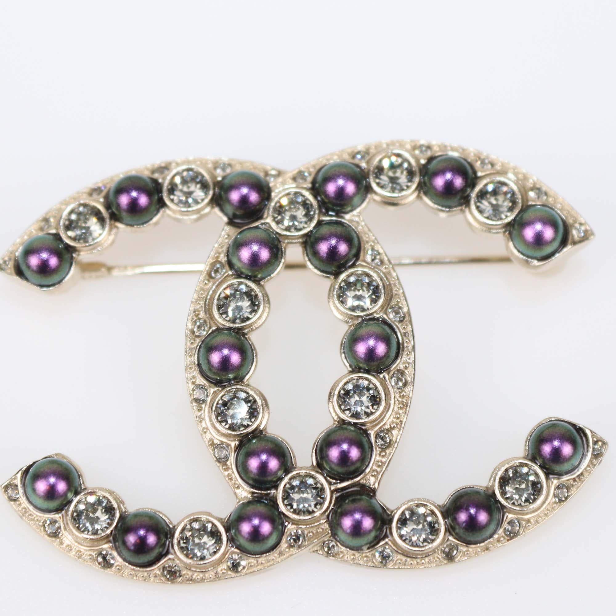 Chanel Pale Gold Tone Metal CC Faux Pearl & Crystal Pin Brooch