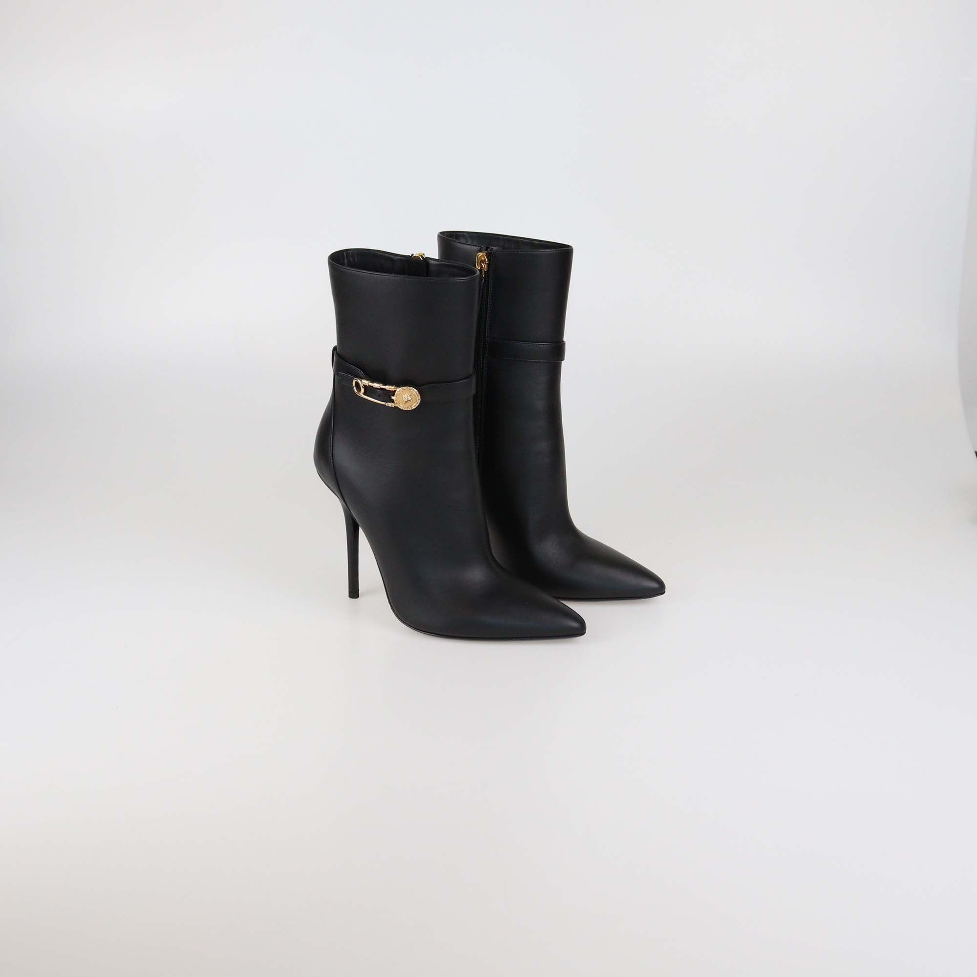 Versace Black Leather Safety Pin Pointed Toe Heeled Ankle Boots