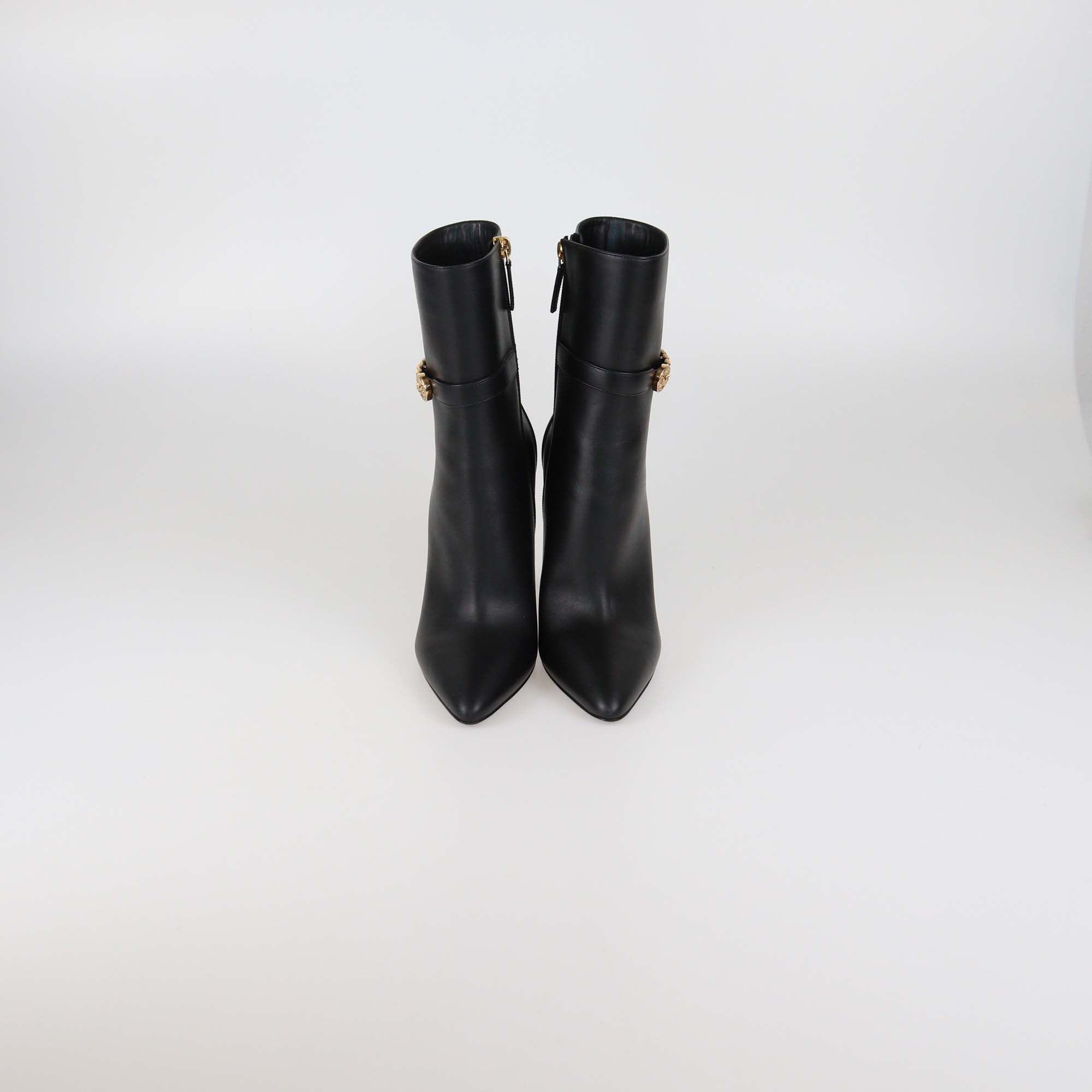 Versace Black Leather Safety Pin Pointed Toe Heeled Ankle Boots