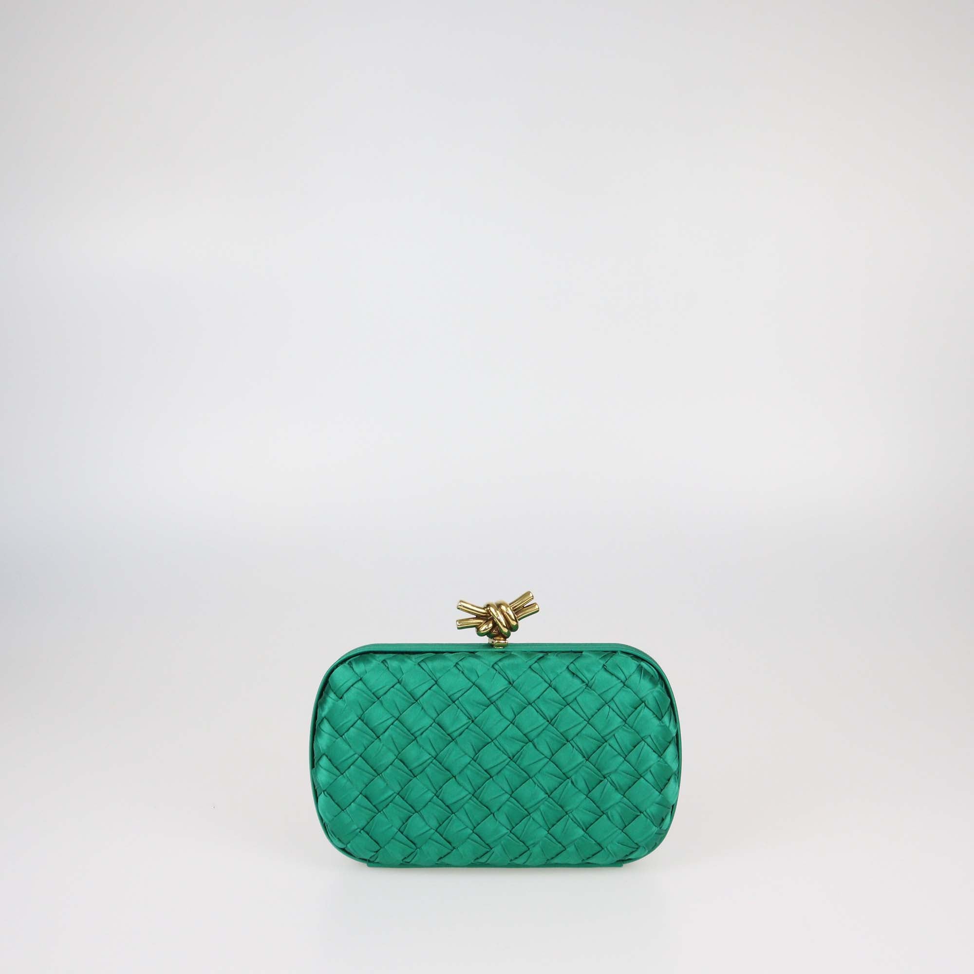 Bottega Veneta Emerald Intrecciato Pressed Satin Minaudière Knot Clutch