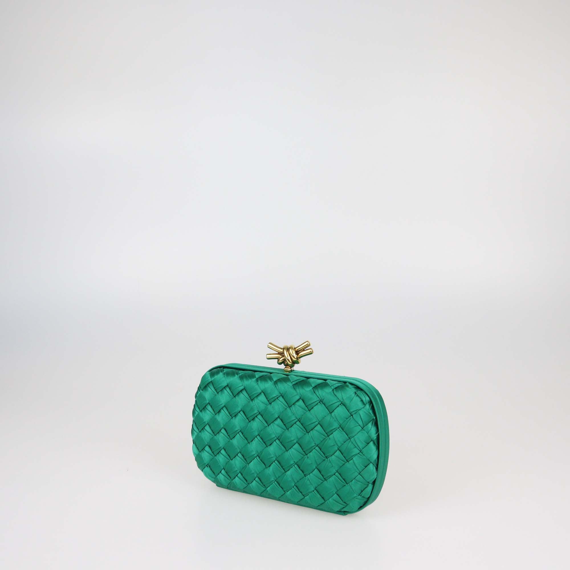 Bottega Veneta Emerald Intrecciato Pressed Satin Minaudière Knot Clutch