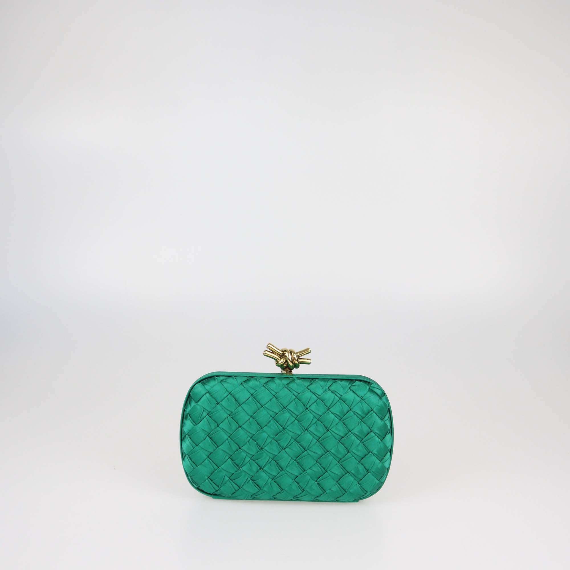 Bottega Veneta Emerald Intrecciato Pressed Satin Minaudière Knot Clutch