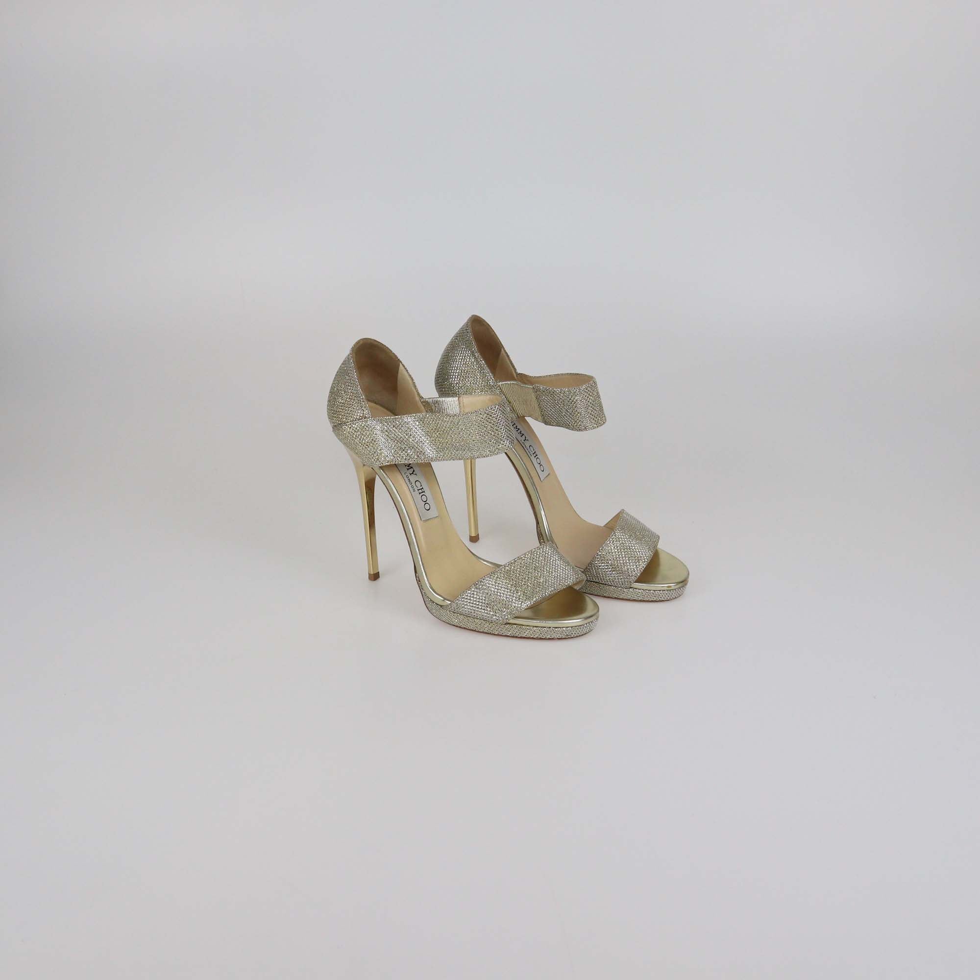 Jimmy Choo Gold Glitter Lurex Fabric Alana Sandals