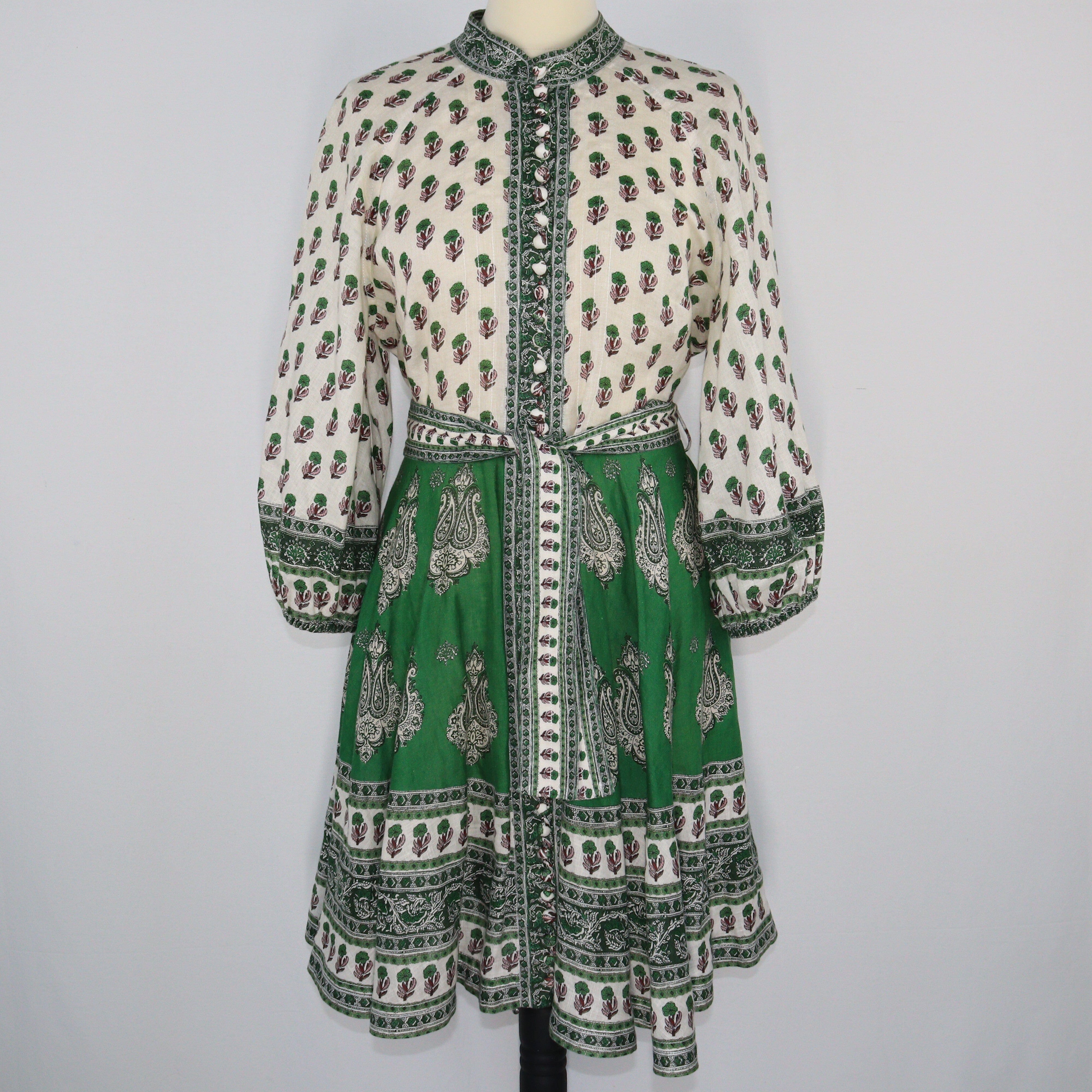 Green/White Paisley Print Belted Midi Dress Clothings Zimmermann 