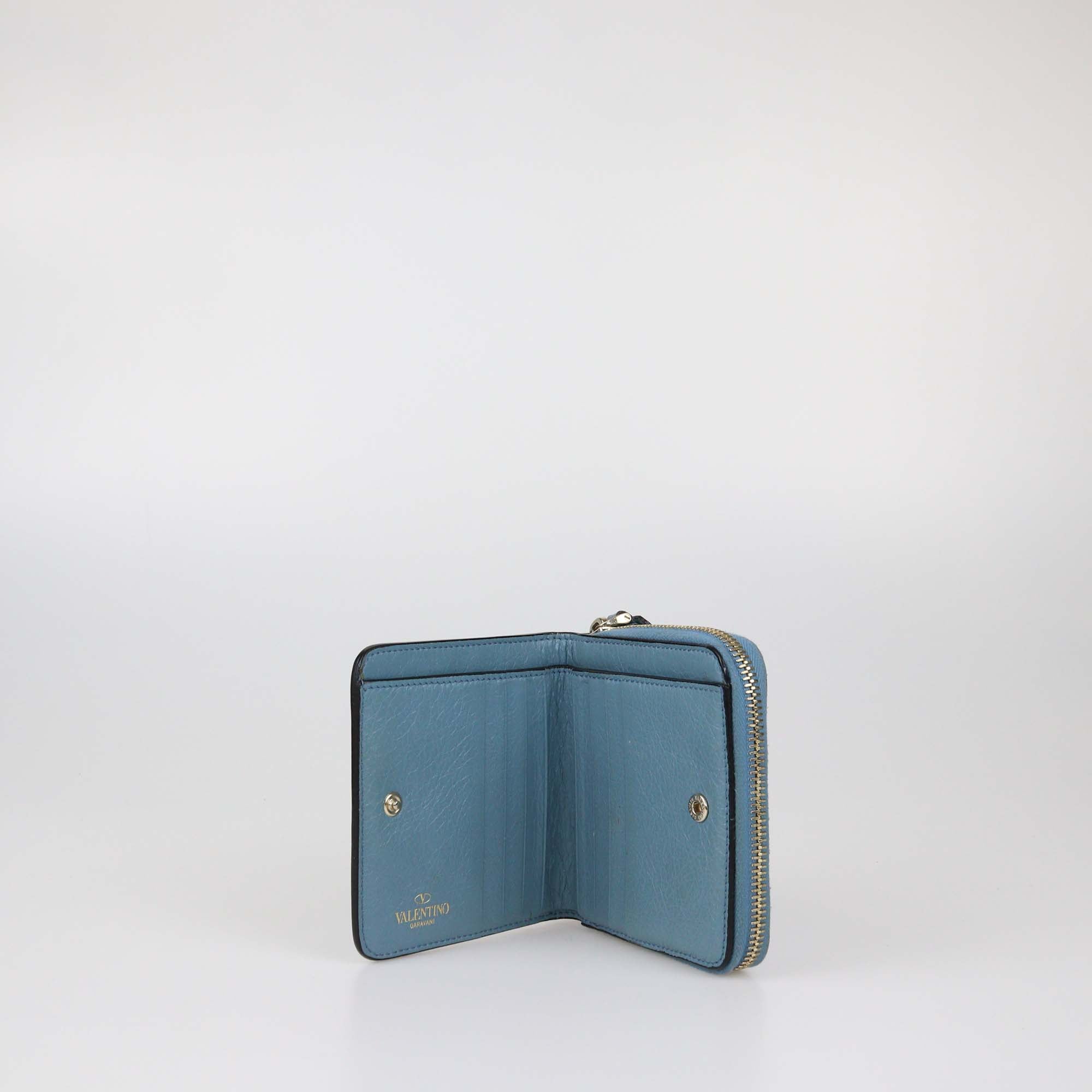 Valentino Light Blue Quilted Rockstud Compact Zip Around Wallet