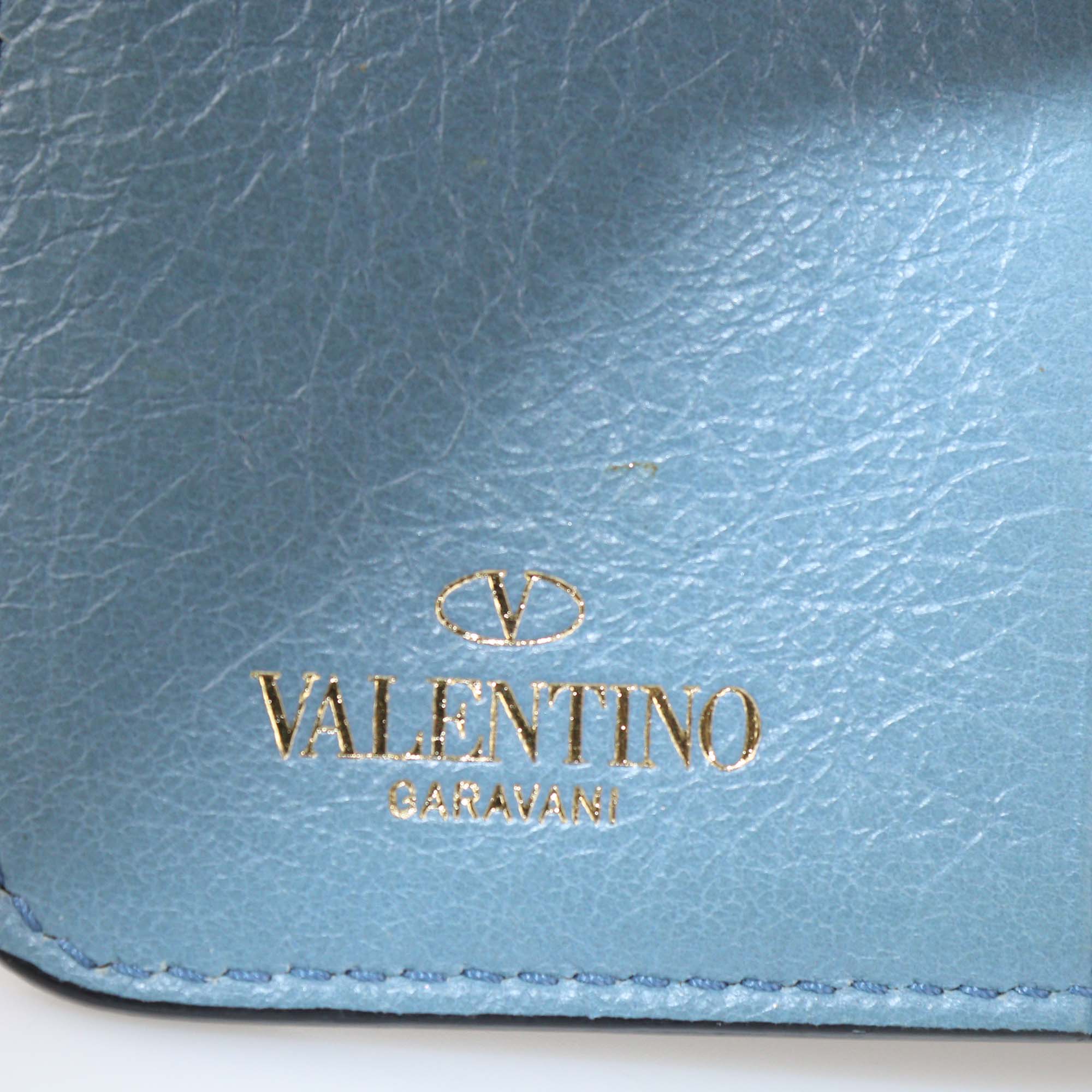 Valentino Light Blue Quilted Rockstud Compact Zip Around Wallet