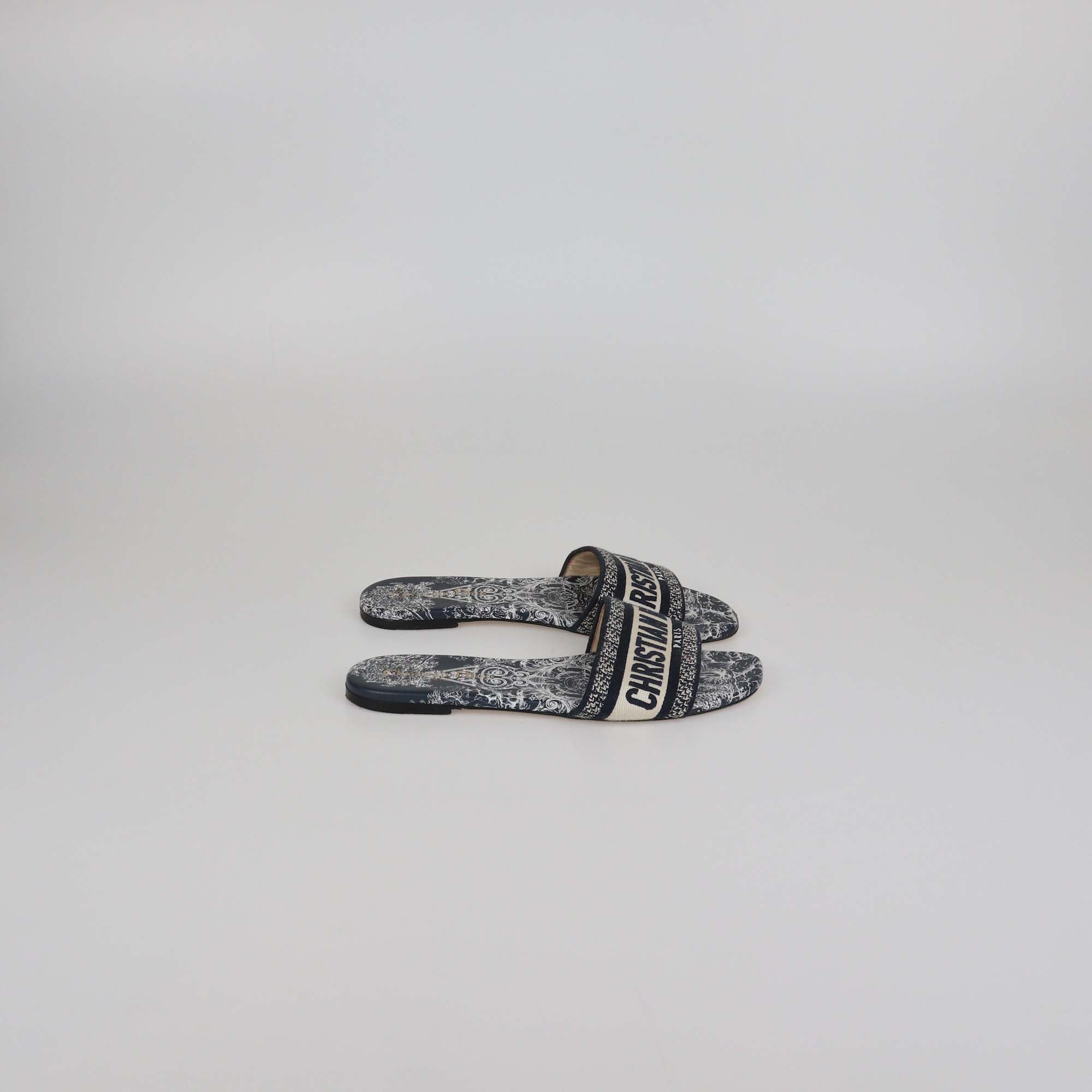 Christian Dior Navy Blue/White Embroidered Canvas Dway Flat Slides