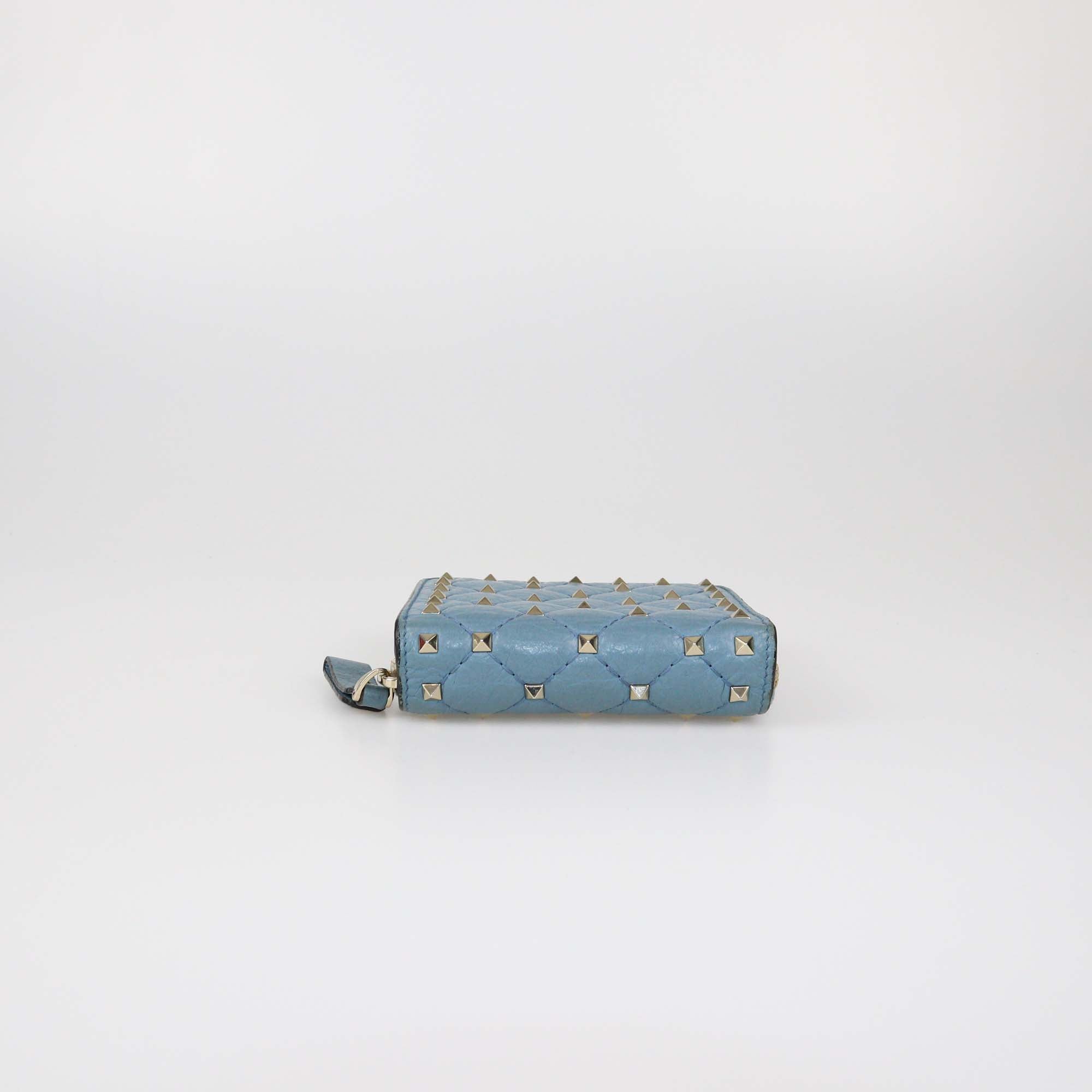 Valentino Light Blue Quilted Rockstud Compact Zip Around Wallet